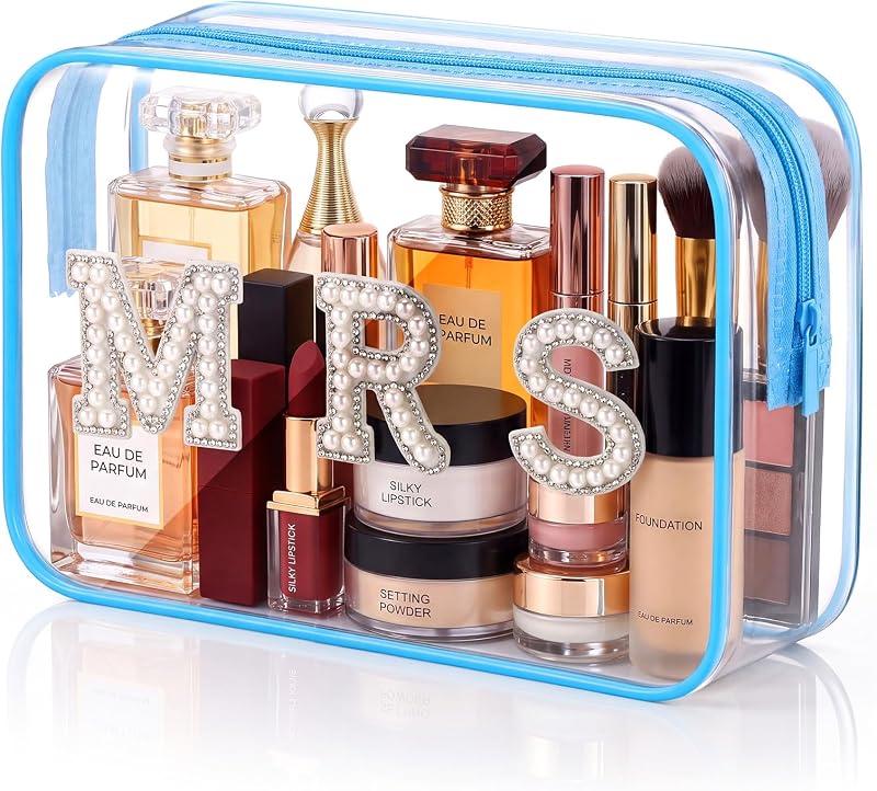 Necessaire de maquiagem LEIFIDE transparente em PVC com letras de pérola MRS, estilo Mrs, azul