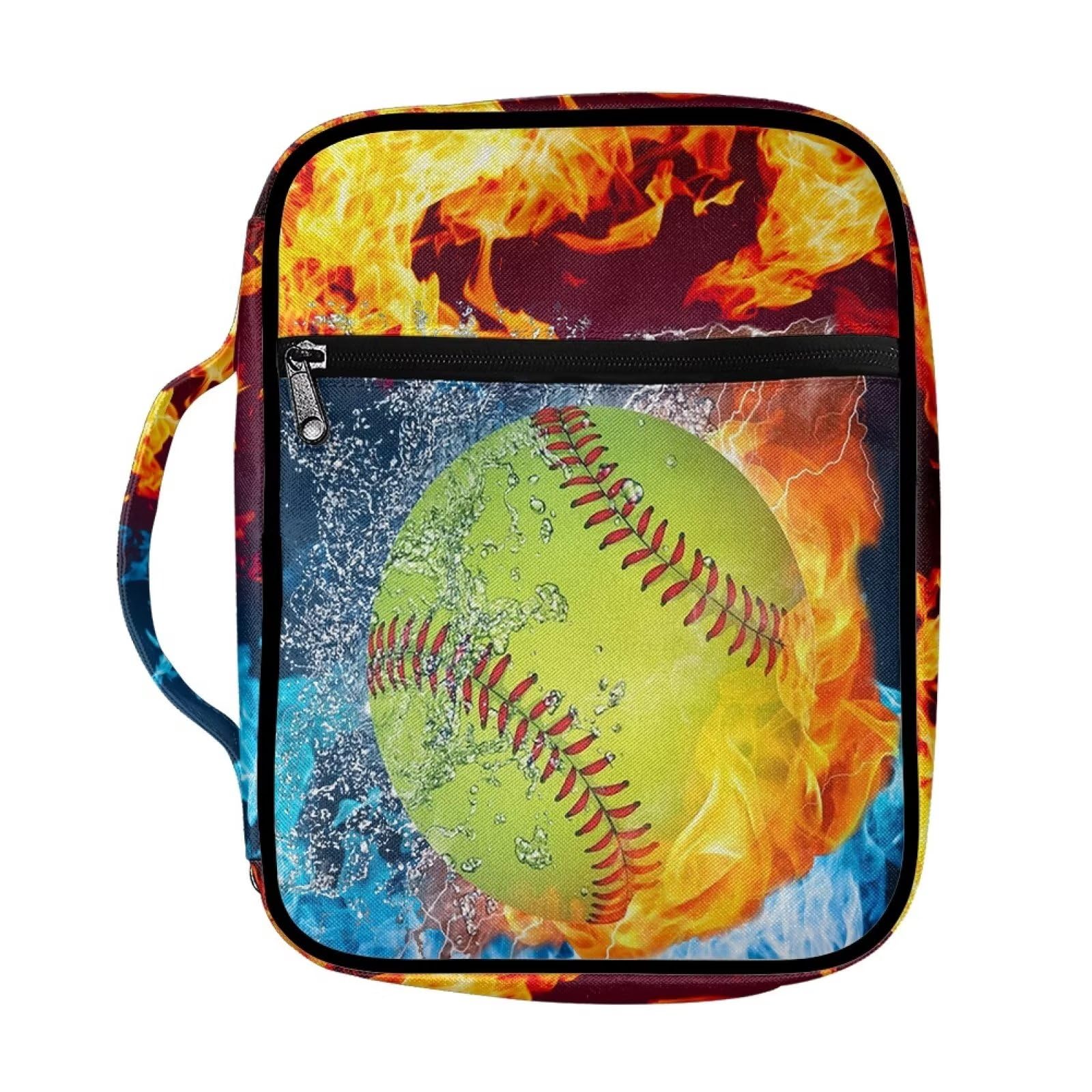 Drydeepin Blue Orange Fire Flame Softball Print Bible Covers for Men Portable Bible Carrying Case Bible Study Supplies Bible Tote Bag with Zipper and Handle Bible Cool Christian Gifts