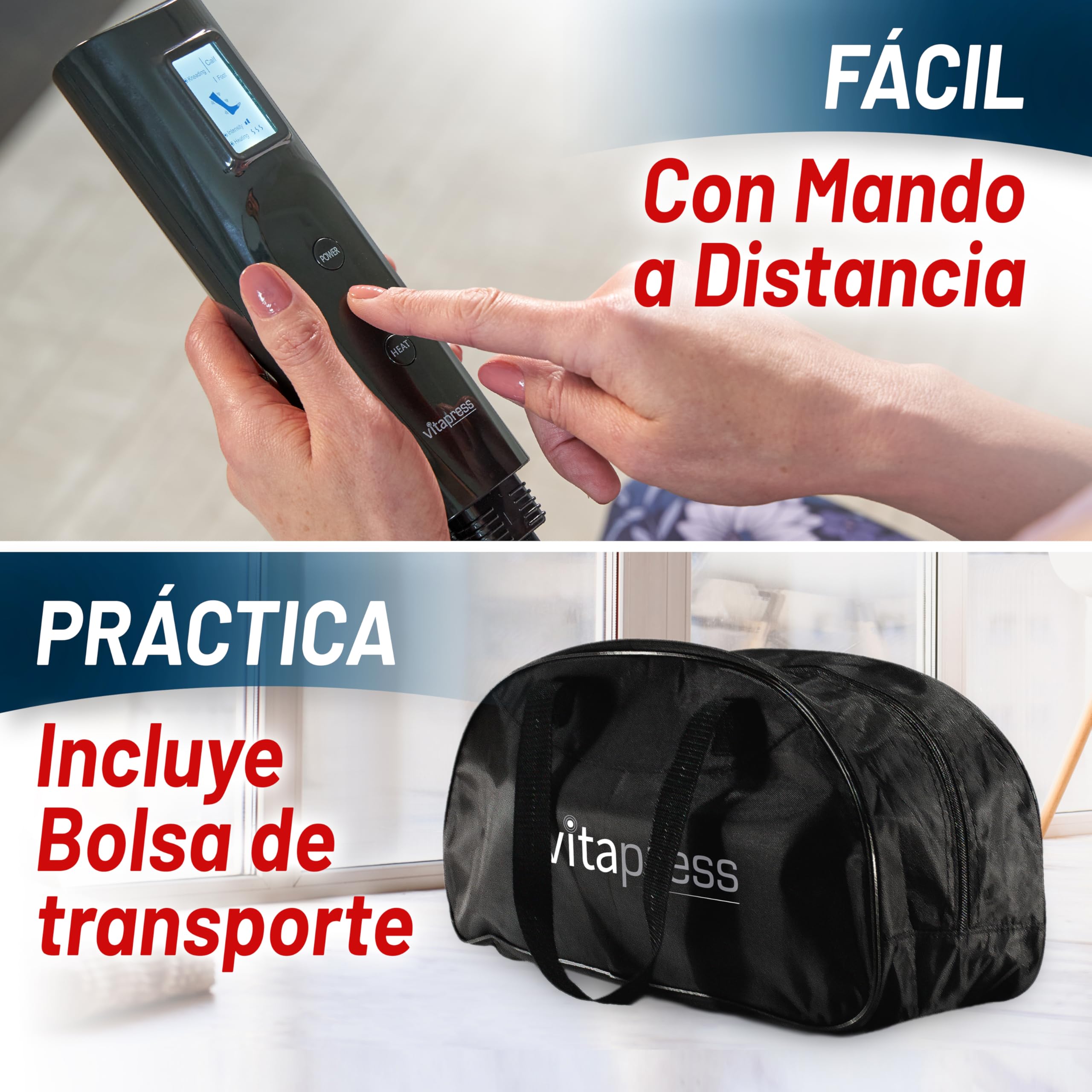 PRESOTERAPIA EN CASA VITAPRESS. Cuida tus piernas y pies con un relajante masaje en profundidad. Función calor Ajustable, supercompacta, fácil de usar, con Mando a distancia y Bolsa de Transporte.
