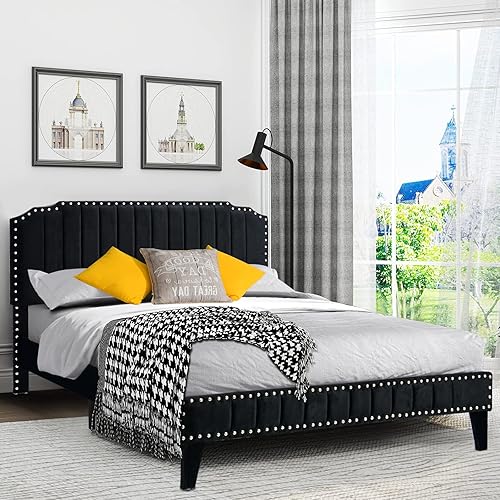 Full Size Bed Frame with Adjustable Velvet Upholstered Headboard, Platform Bed Frame Full with Strong Wooden Slat Support, No Box Spring Needed, Mattress Foundation, Easy Assembly, Black