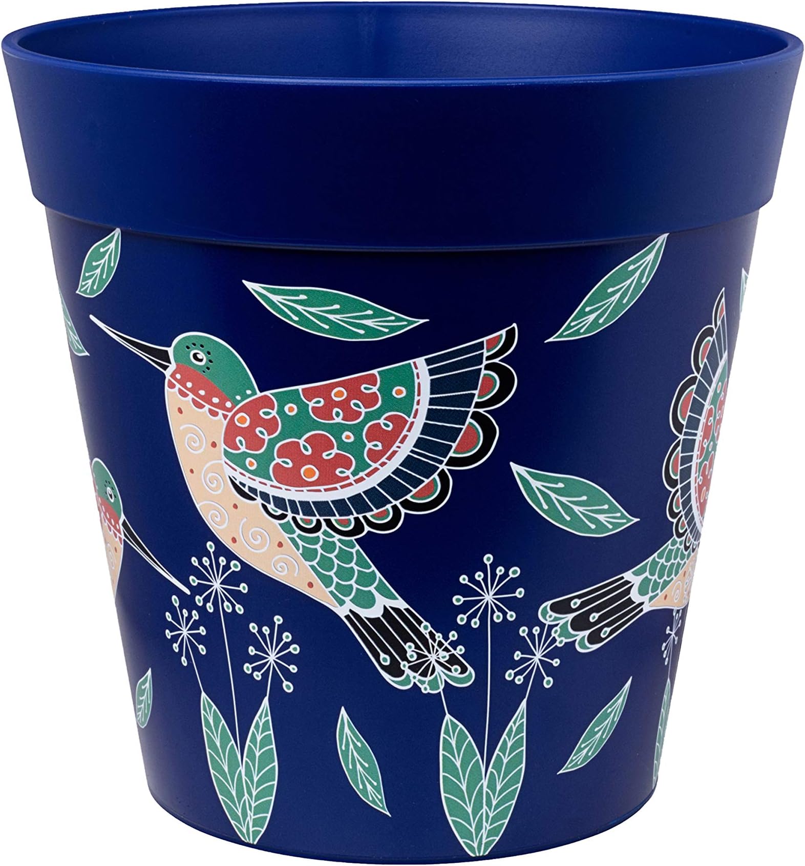 Hum Flowerpots, 22cm, Various Patterns Colours and Sizes, Indoor/Outdoor Plastic Plant Pot, Blue Hummingbird
