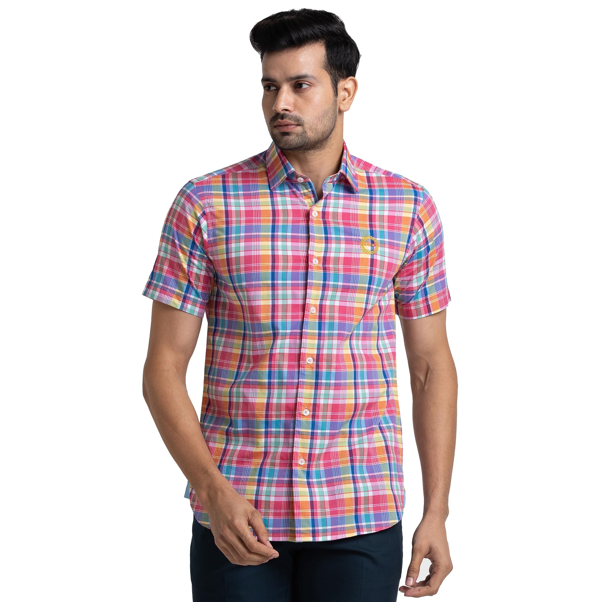 colorplus Men's Pure Cotton Checks Pattern Tailored Fit Spread Collar Half Sleeve Casual Shirt-picture-10