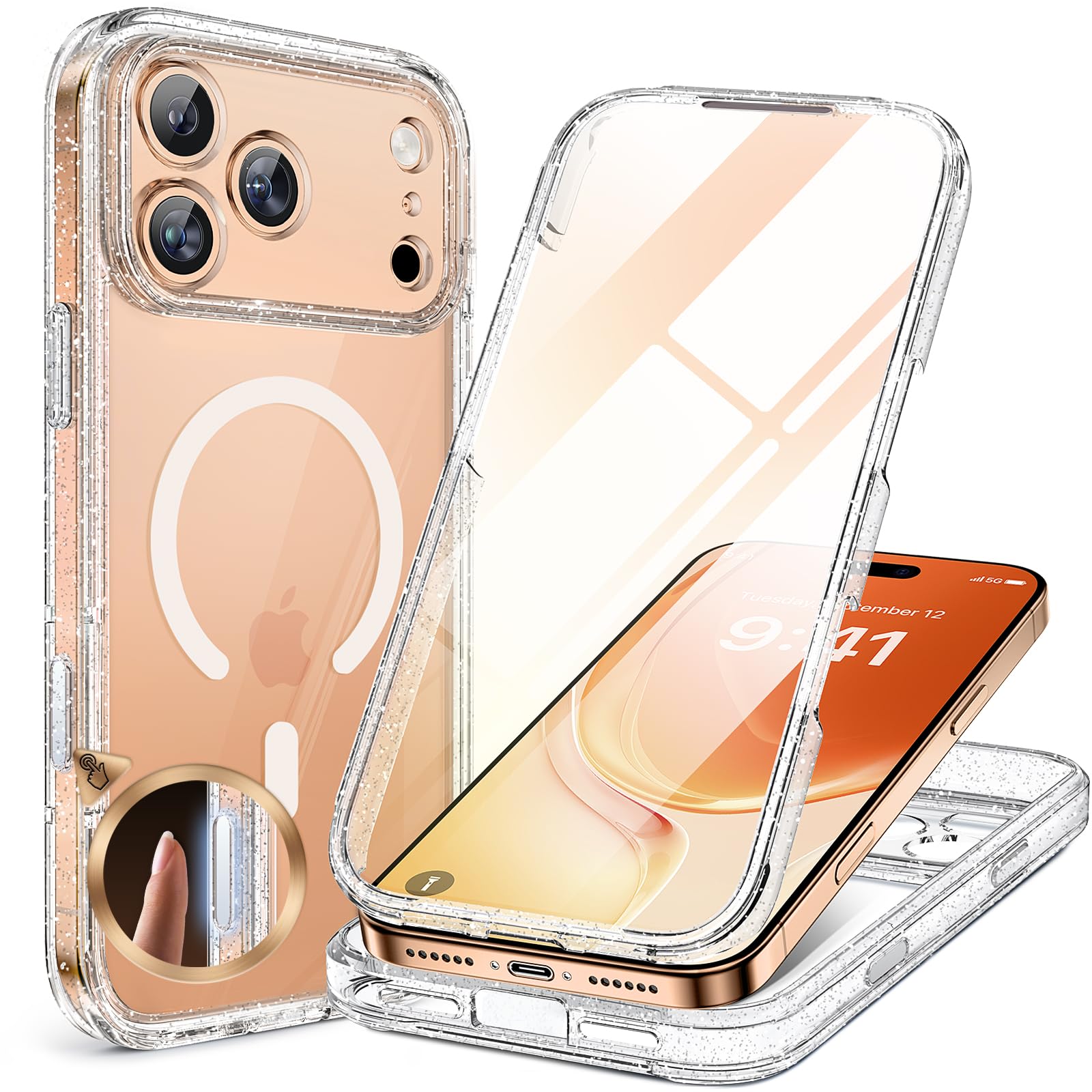 Photo 1 of Miracase Magnetic for iPhone 17 Pro Case 6.3" [Compatible with MagSafe] Full-Body Phone Case with Built-in Glass Screen Protector & Camera Control,Drop Proof iPhone 17 Pro Cover, Clear Glitter
