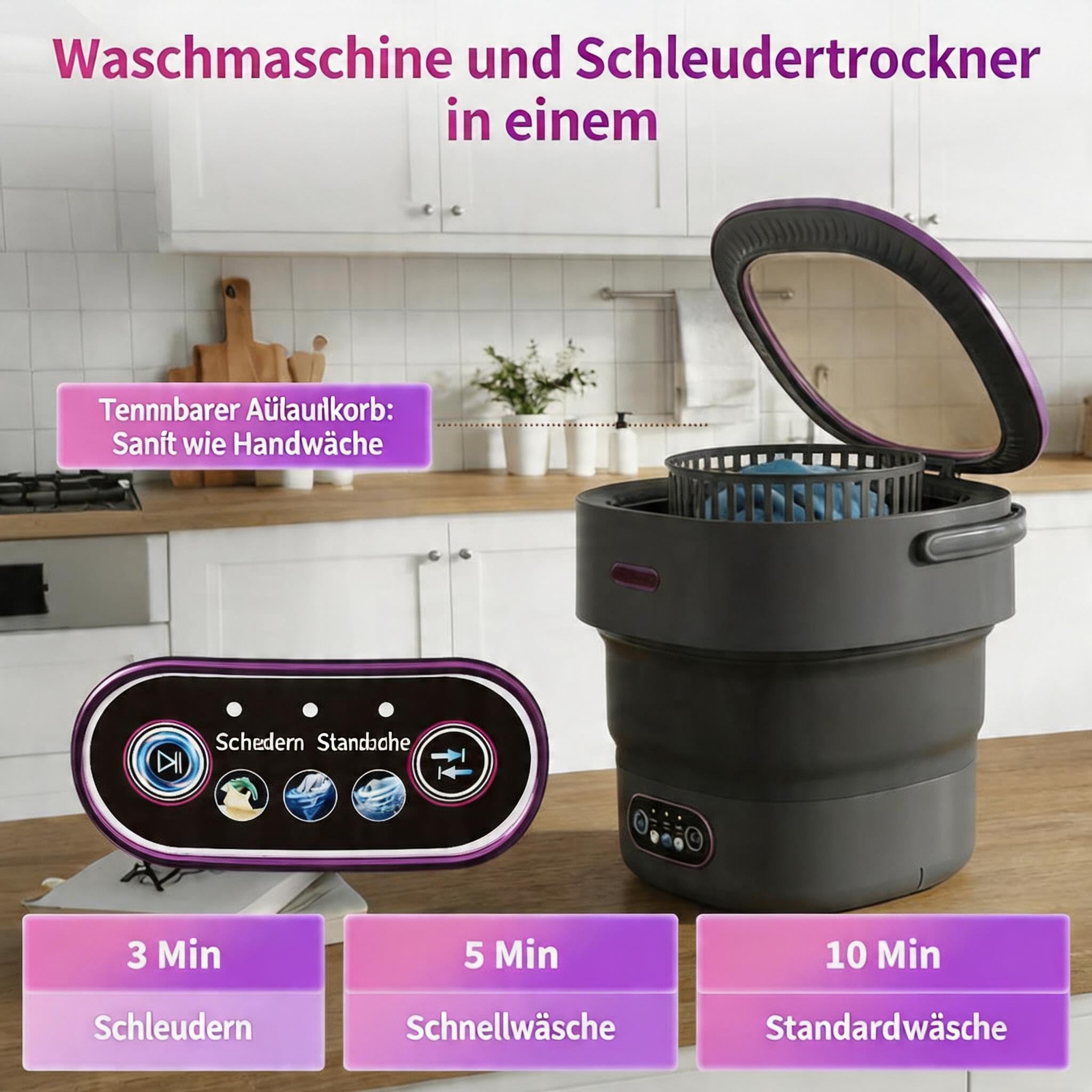 13L Faltbare Mini Waschmaschine, Tragbare Waschmaschine Mit Schleuderkorb & 4 Waschprogrammen, Tiefenreinigung Für Unterwäsche Und Babykleidung, Ideal Für Camping, Wohnmobil, Reise & Wohnung