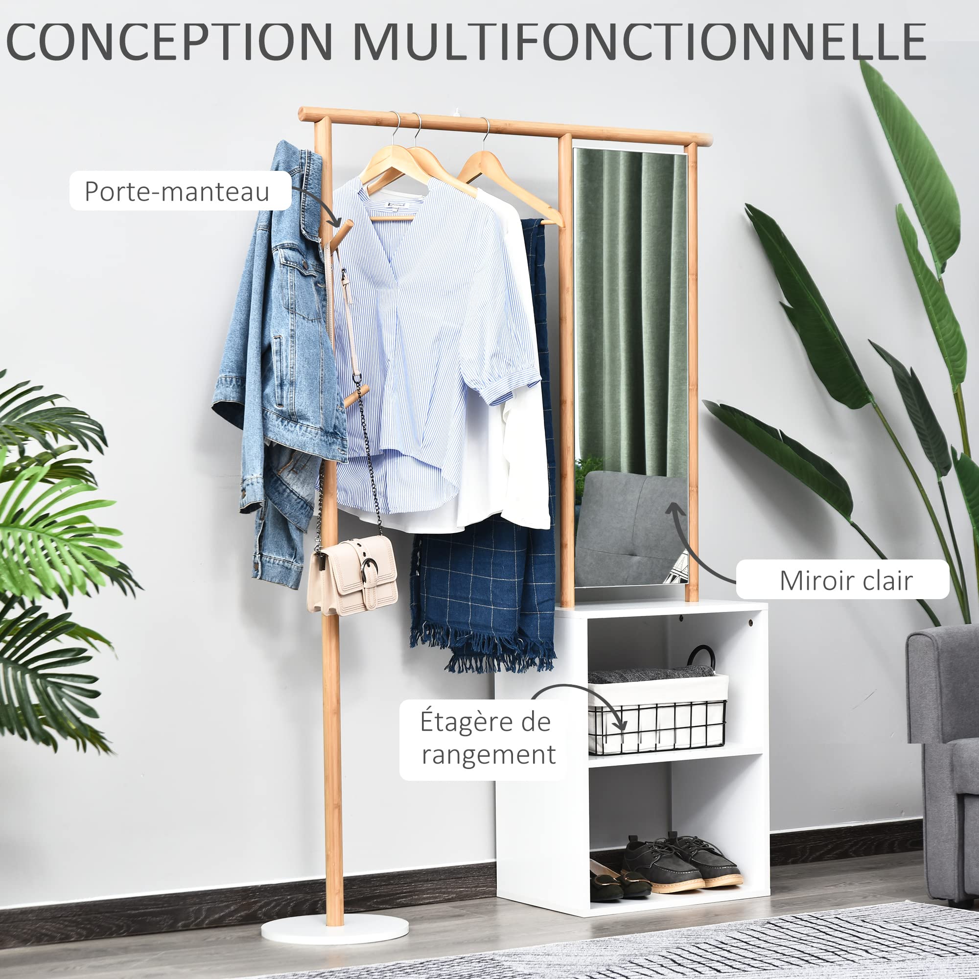 HOMCOM Porte-manteaux meuble d'entrée vestiaire penderie avec miroir 4 patères 2 niches dim. 100L x 34l x 164H cm MDF blanc bois massif bambou