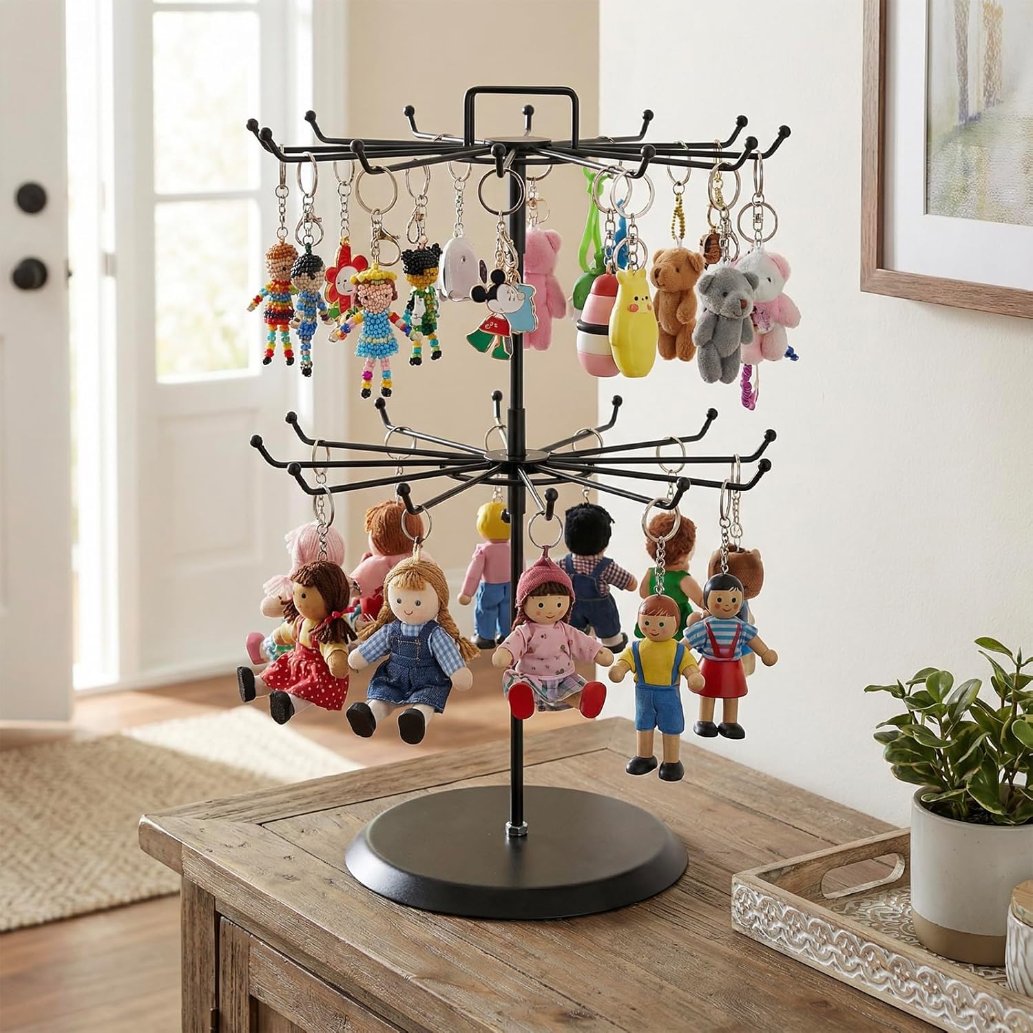 MyGift 2 Tier Black Metal Rotating Necklace tree stand for vendor & bracelet holder Jewelry Stand with 24 Hooks, Multipurpose Accessory and Keychain Spinning Display with Top Handle Card organizer