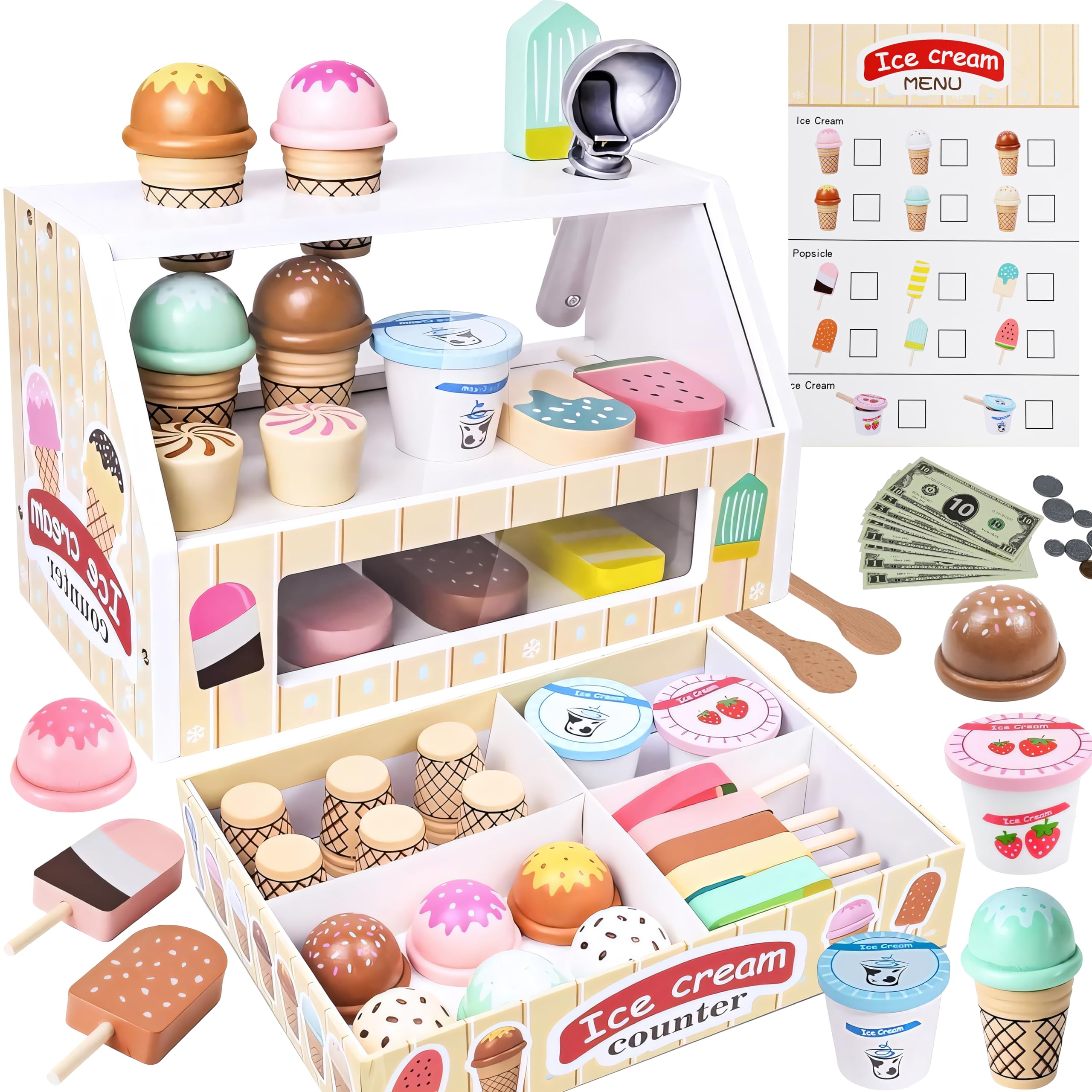 Ice Cream toys for kids, 38 PCS Wooden Ice Cream Set, Imaginative Role Play Ice Cream Shop Play for Kids Kitchen Toys Gift for 3 Year Old Girl Boys