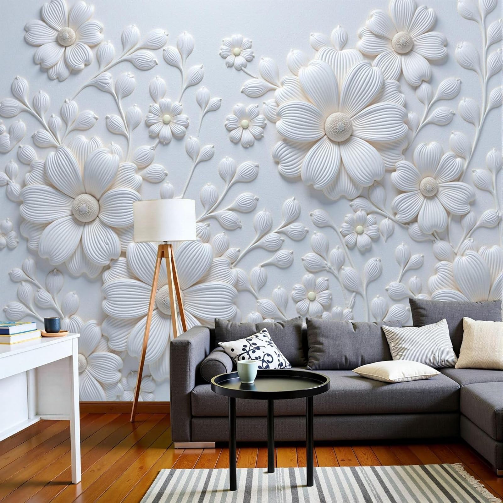 Photo Wallpaper Branches And Leaves - Relief Flowers Wall Decoration Wall Picture Modern Wall White Non-Woven Wallpaper For Living Room Bedroom,350cmx256cm Stickers - Frameless Painting - Poster