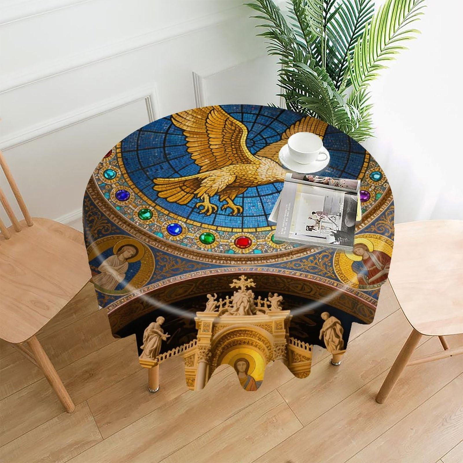 VstaDank Golden Eagle Over Byzantine Church Tablecloth Easy to Clean Polyester Round Table Cover Washable Round Table Cloth Wrinkle-Free Circle Decoration Tablecloth for Kitchen Dining Room 60"
