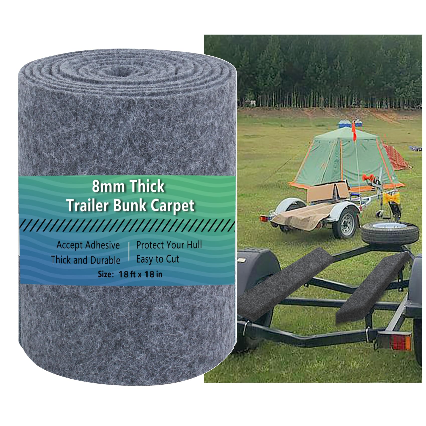 BALAVA Boat Trailer Bunk Carpet, 18ft x 18in, 8mm Thick, Grey, Peel & Stick, Custom, Polyester Backing Marine Polyester