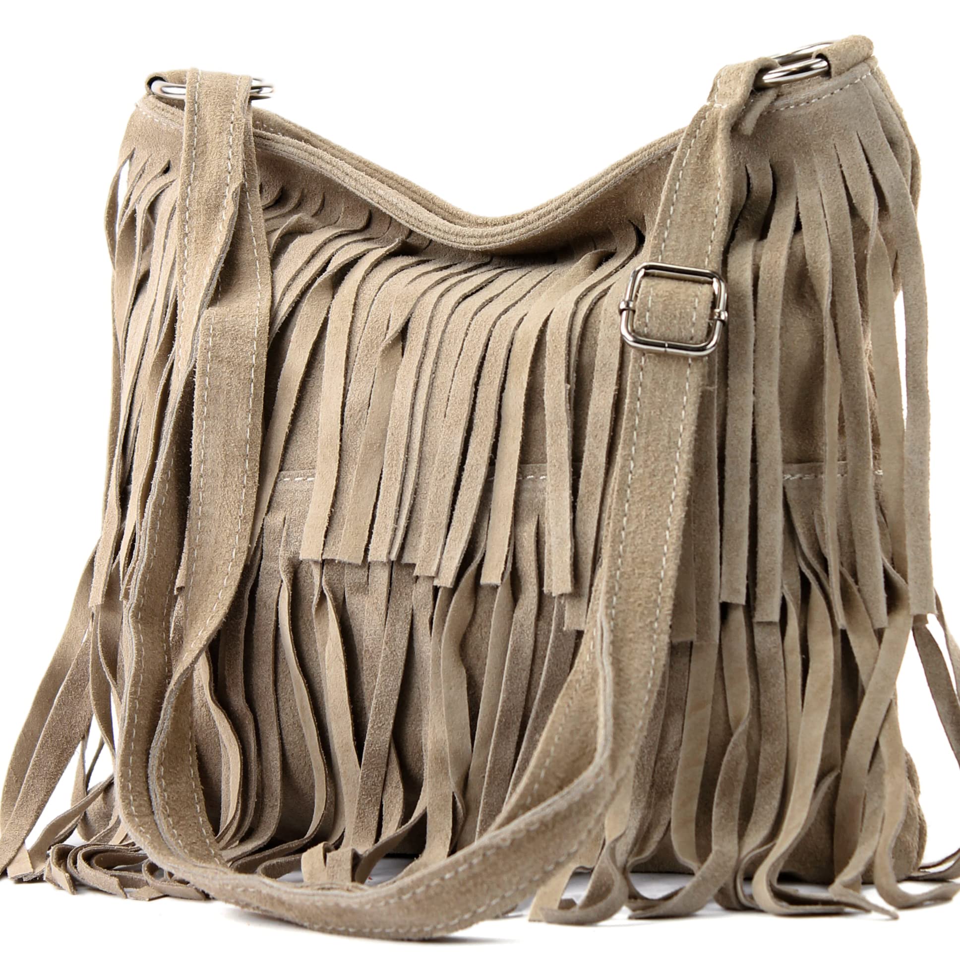modamoda de - T125 - Borsa a tracolla con frange in pelle scamosciata, pietra, M
