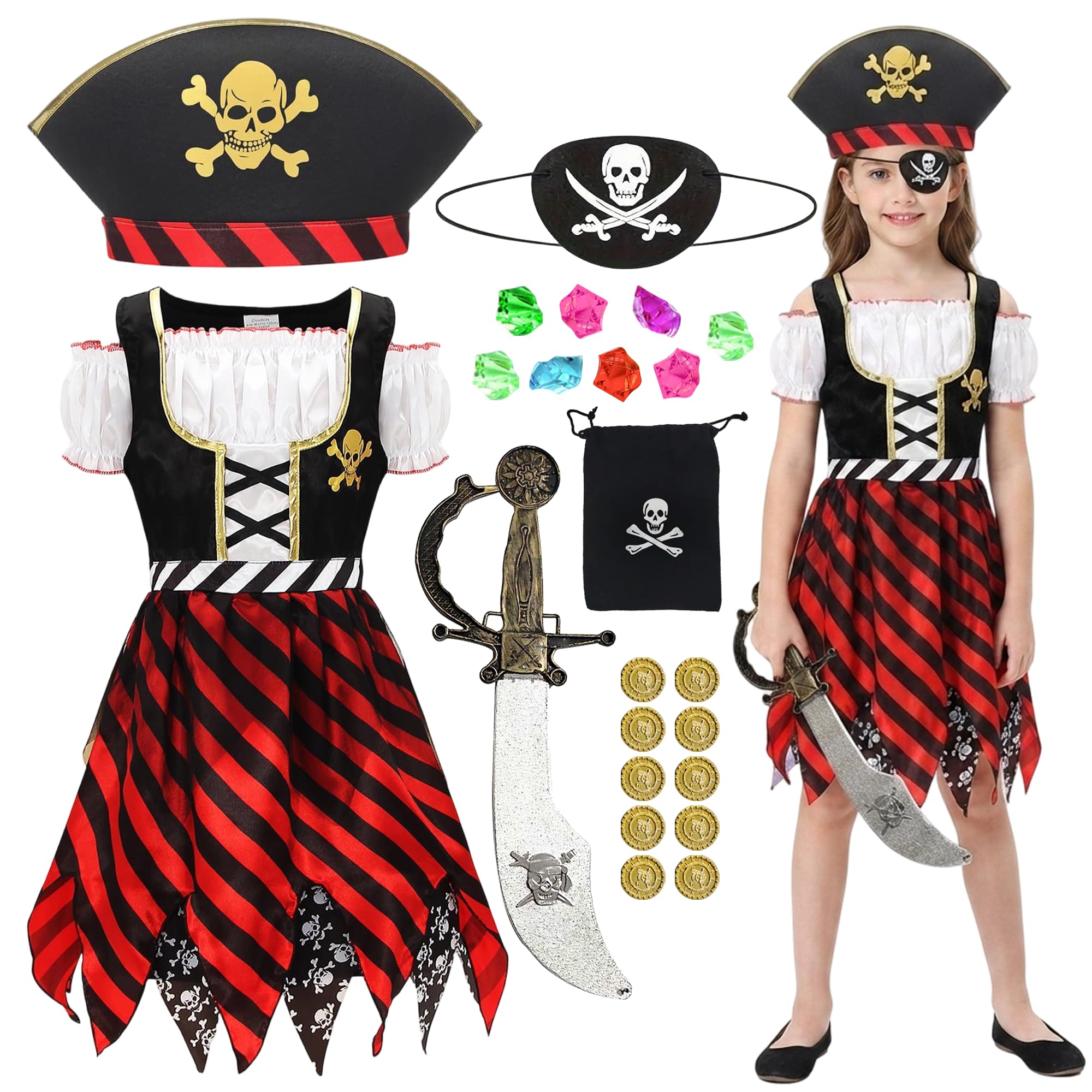 Fictoria Girls Pirate Costume Set Fancy Dress for Halloween Carnival (XL)