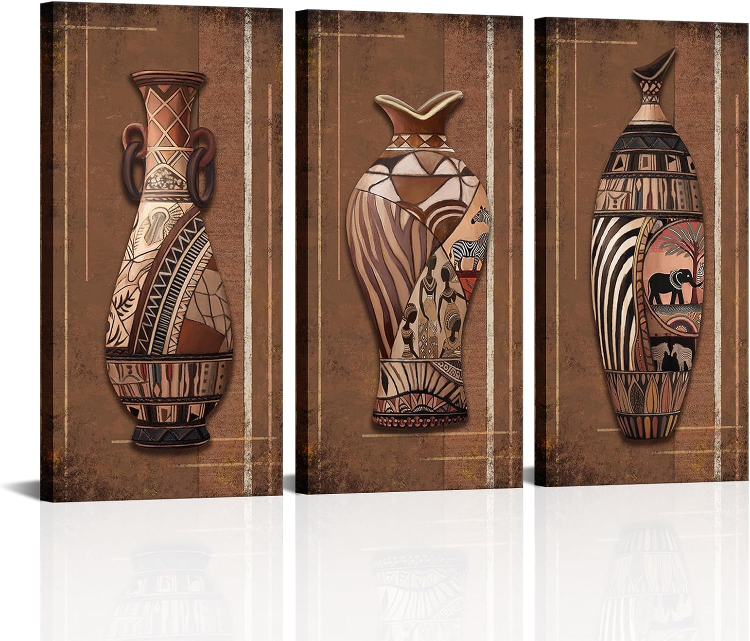 Zlove 3 Pieces Vintage African Vase Canvas Wall Art Traditional Tribal African Floral Pot Still Life Farmhouse Painting for Kitchen Home Bedroom Ready to Hang 16x32inchx3pcs (Brown)