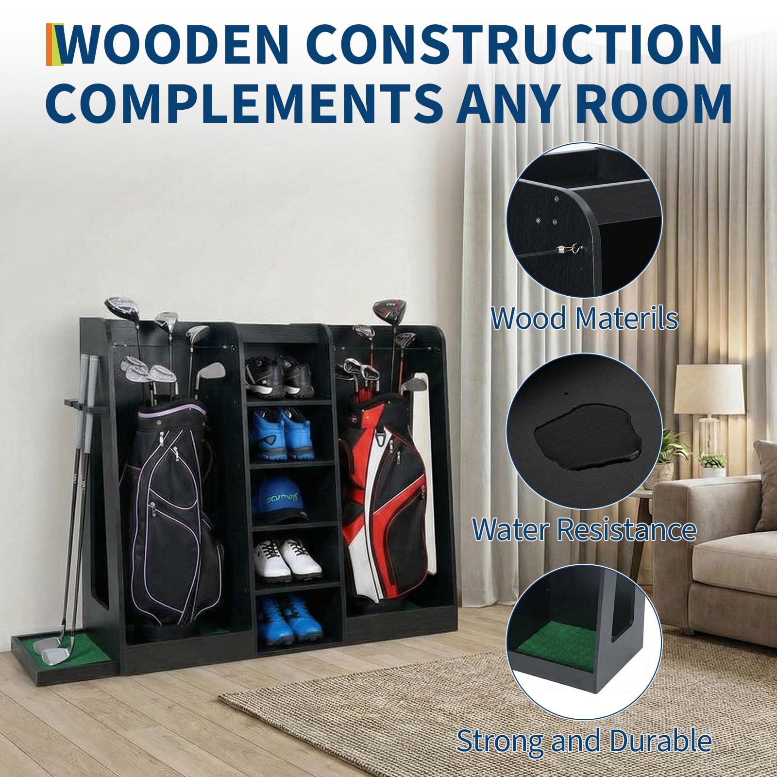 Garvee Organiseur Robuste pour Sacs de Golf – Rangement Bois pour 2 Sacs, Accessoires et Clubs – Idéal Garage, sous-Sol, Maison – Montage Facile