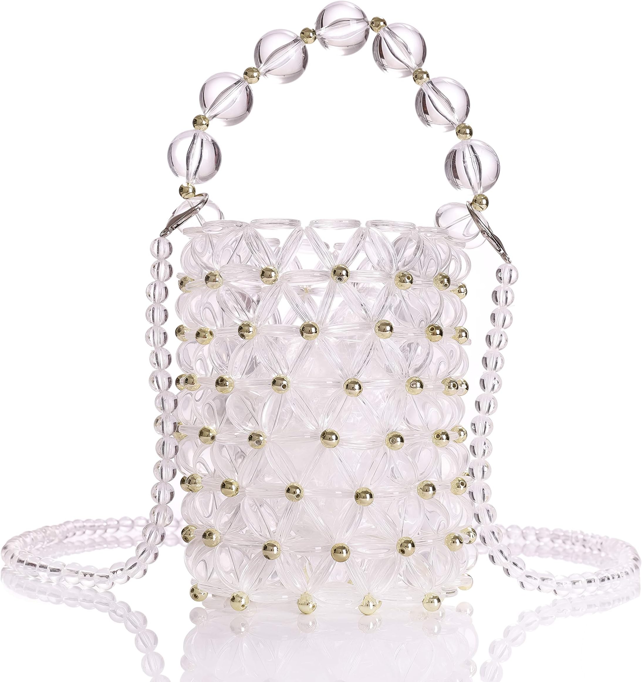 YIFEI Women Transparent Acrylic Beaded Handmade Bucket Bag with Detachable Chain for Wedding Party