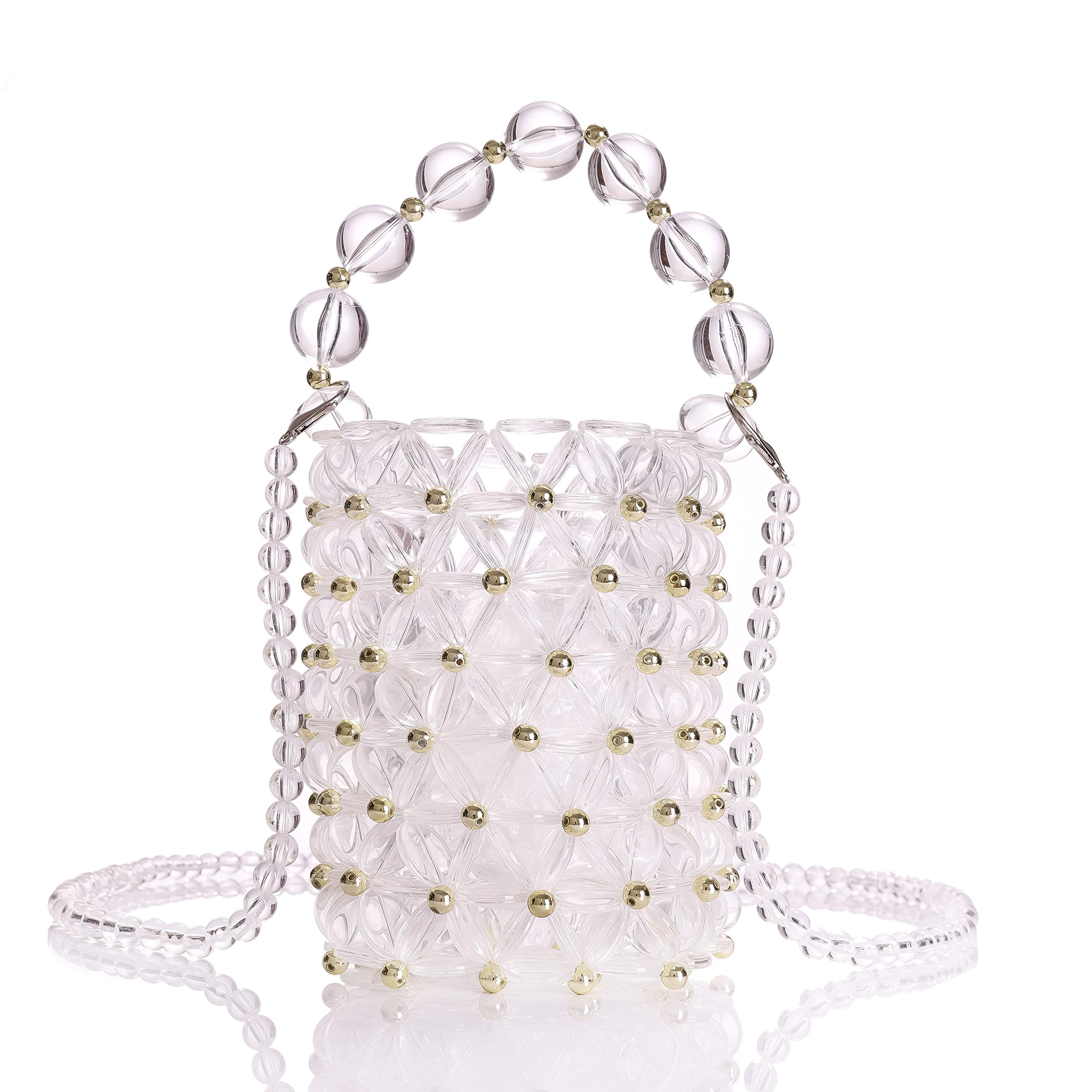 YIFEI Women Transparent Acrylic Beaded Handmade Bucket Bag with Detachable Chain for Wedding Party
