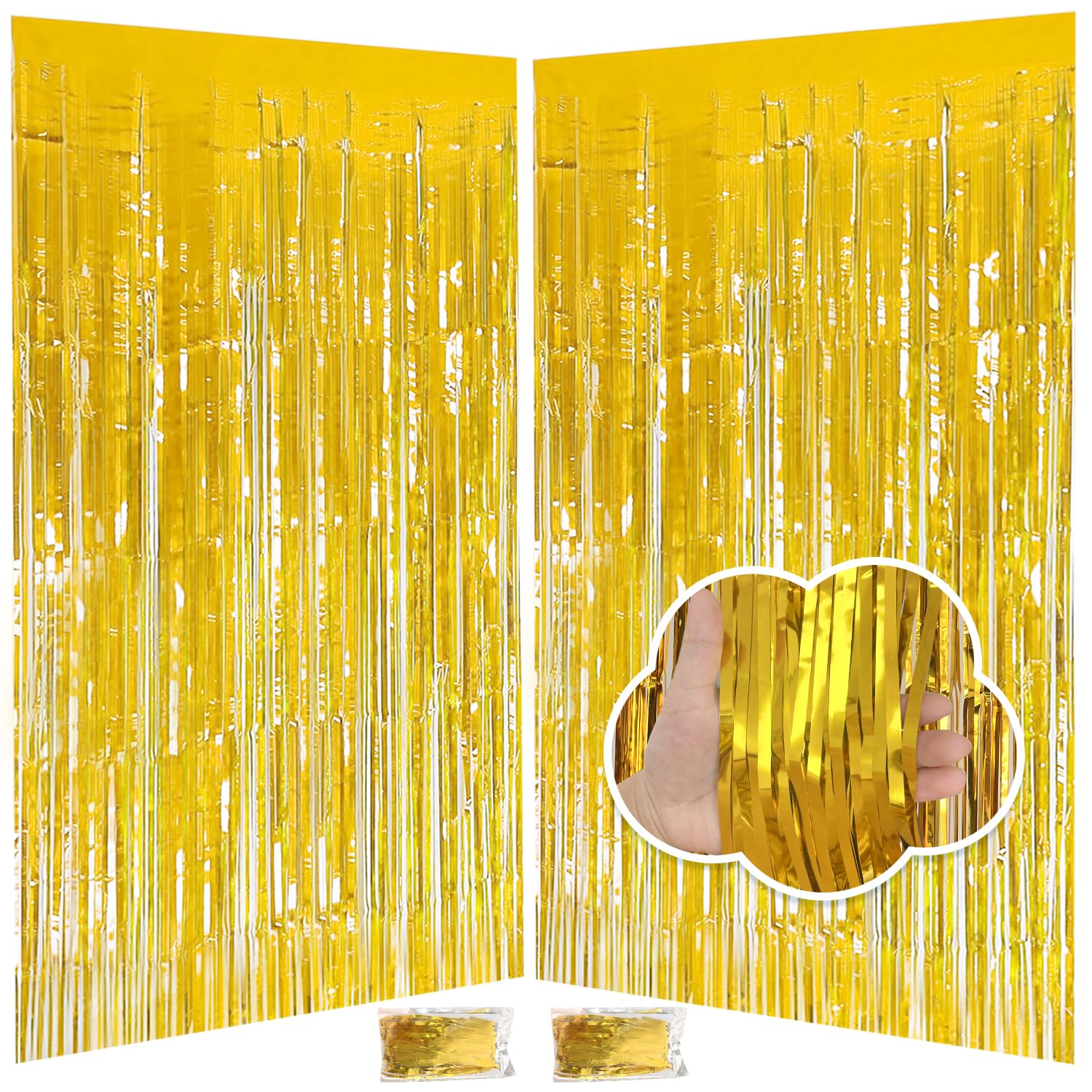 2 Pack Gold Tinsel Backdrop Party Decorations 3.3x8.2 ft, Foil Fringe Curtains for New Year 2026, Photo Booth Props Door Streamers for Thanksgiving