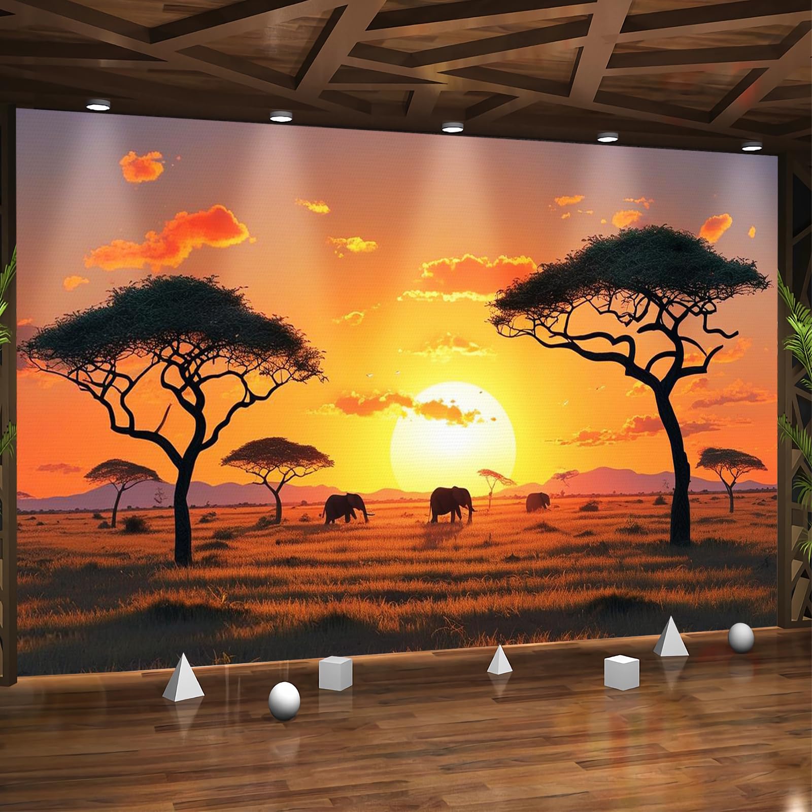 Générique Papier Peint Panoramique 3D 400x280 cm Afrique éléphants Non-tissé Murale Maison Décoration Intérieure Coucher De Soleil pour Chambre Salon Mur TV Artistique Poster Décoration Murale 1M1601