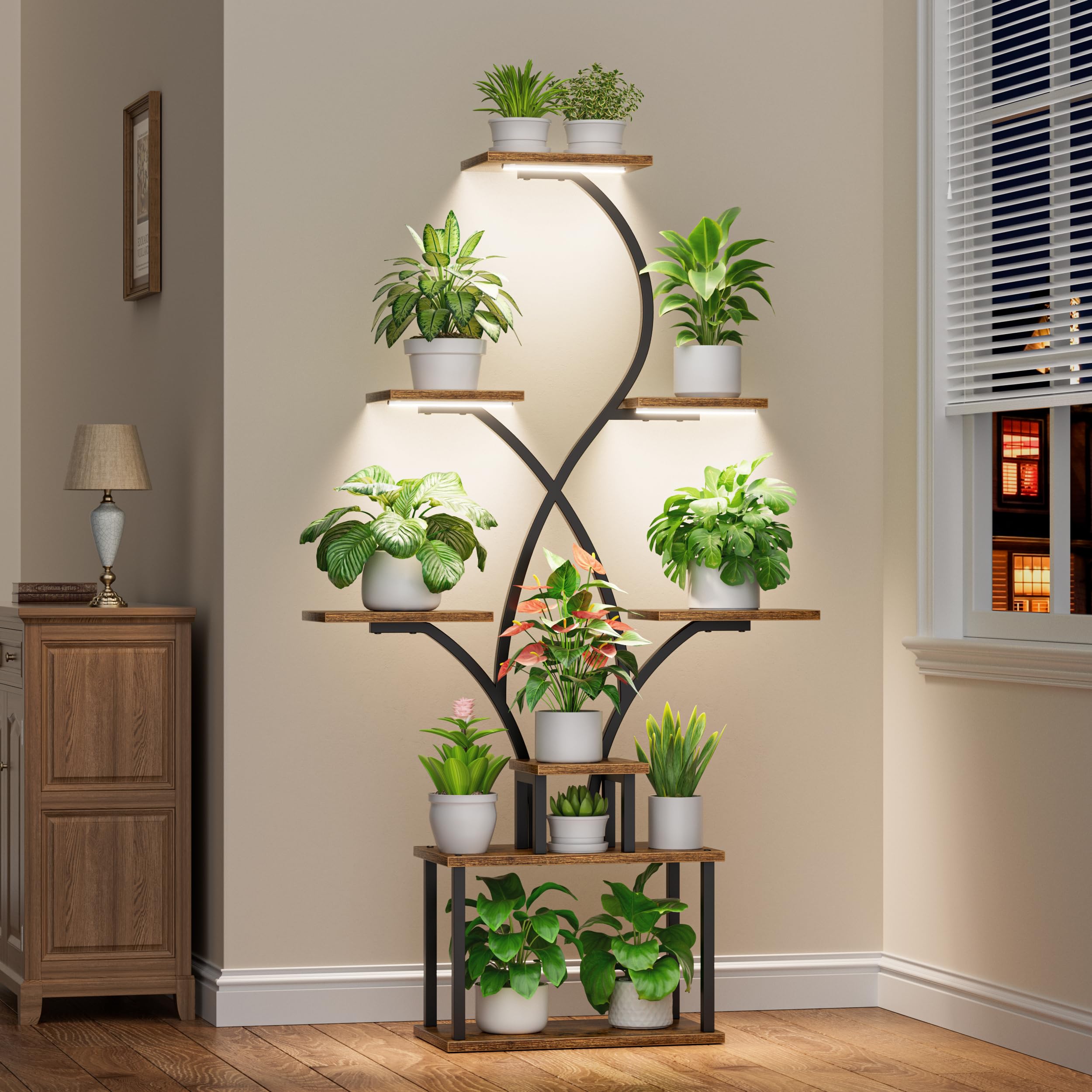 CODACE Plant Stand Indoor with Grow Lights - 62" Tall Plant Shelf Indoor, Lighted Corner Plant Stands for Indoor Plants, 8 Tiered Flower Spike-Shaped Rack for Living Room, Patio, Balcony Decor（Black