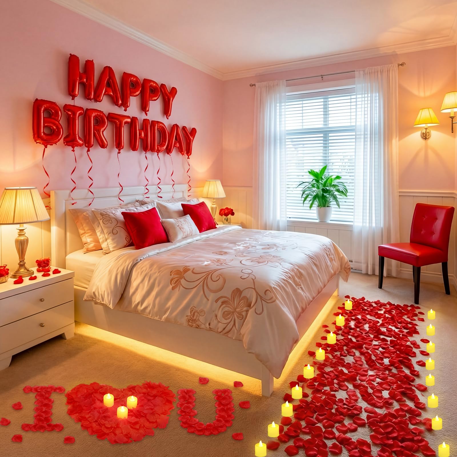 Czerwone balony Happy Birthday, zestaw banerów, 40 cm, foliowe litery z 24 diodami LED i 2000 szt. czerwonych płatków róży, dla dzieci, dorosłych, dekoracje urodzinowe, artykuły imprezowe