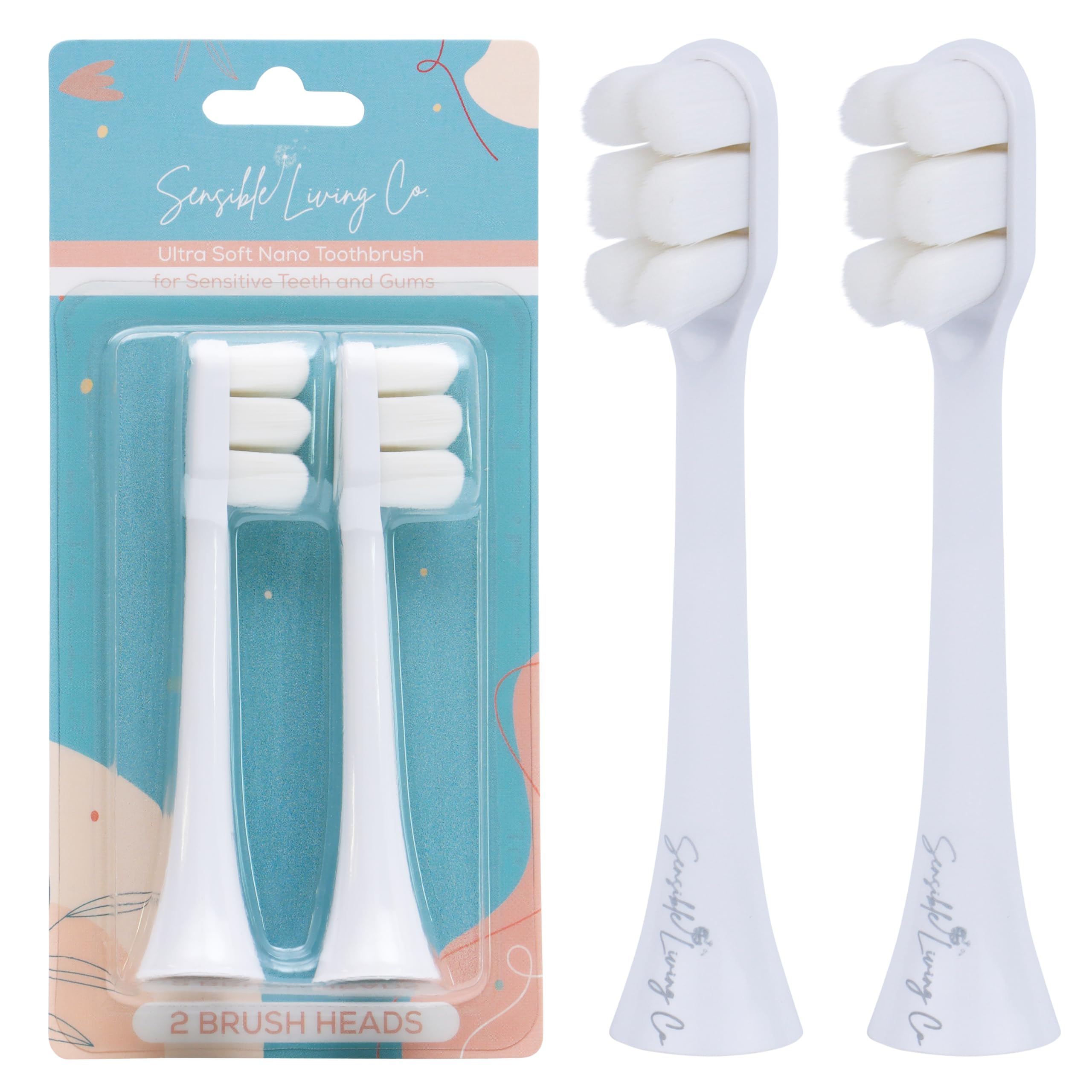 Sensible Living Co. Ultra Soft Nano Replacement Brush Heads Compatible with Philips Sonicare Electric Toothbrush, 2 Pack, Click On Handles, Draining, Soft Micro Bristle for Sensitive Teeth and Gums