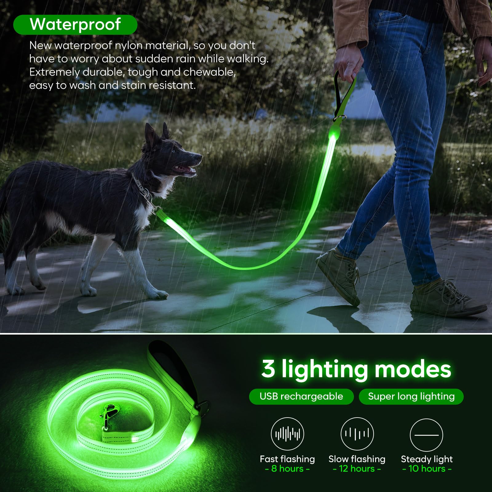 Guinzaglio per cani a LED, illuminato, 1,2 m, completamente illuminato, ricaricabile tramite USB, impermeabile, in nylon, riflettente, con manico imbottito, per cani che camminano notturnamente, si