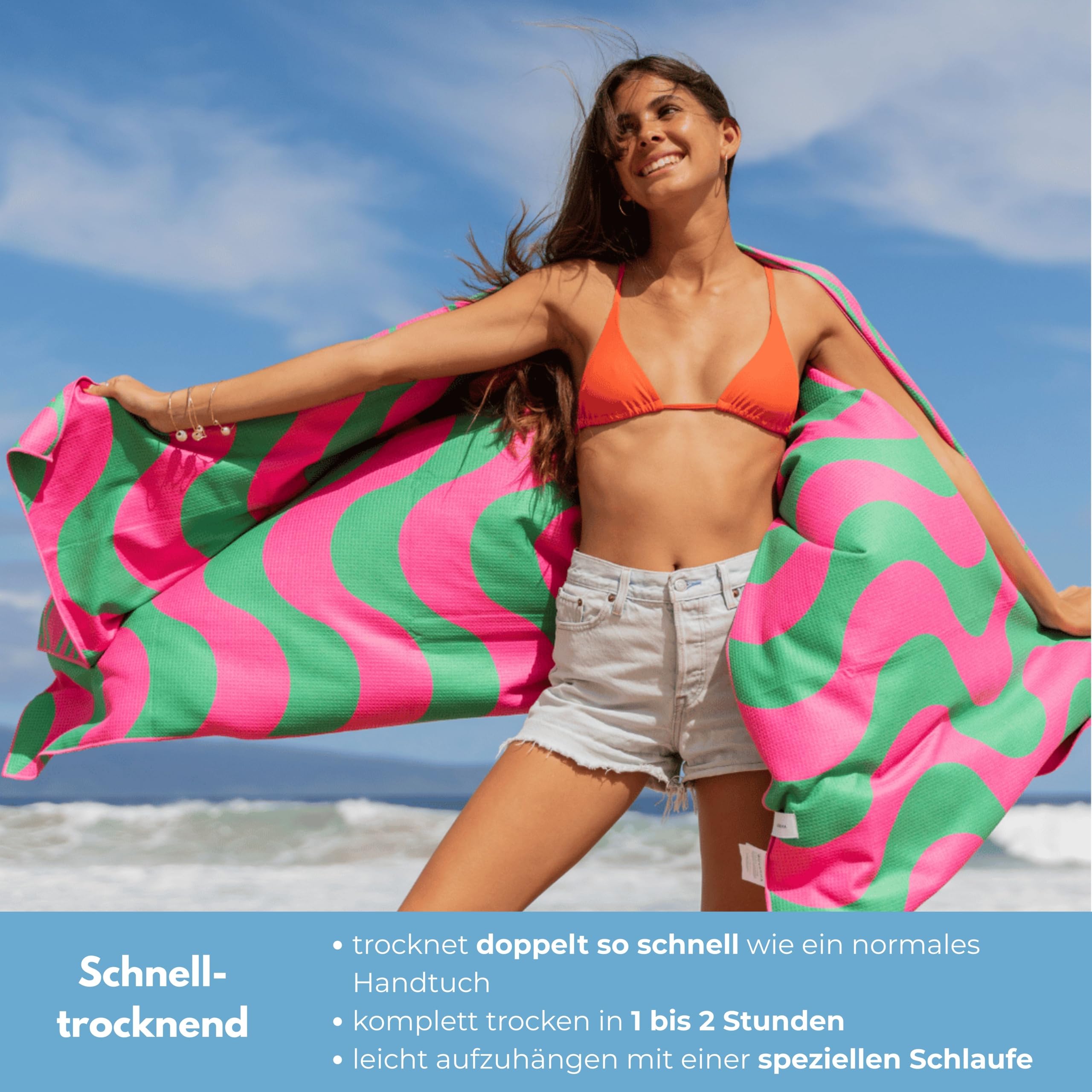 Reisehandtuch Schnelltrocknend & Kompakt 200x90 cm - Mikrofaserhandtuch mit Beutel - Sandfreies Strandtuch aus recyceltem Plastik - Curaçao 02