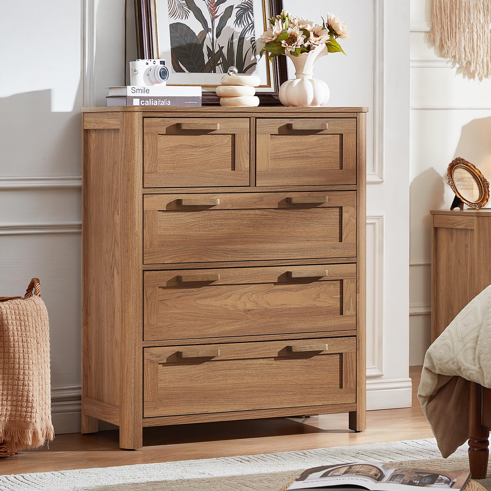 Joaxswe Farmhouse 5 Drawer Dresser for Bedroom, Brown