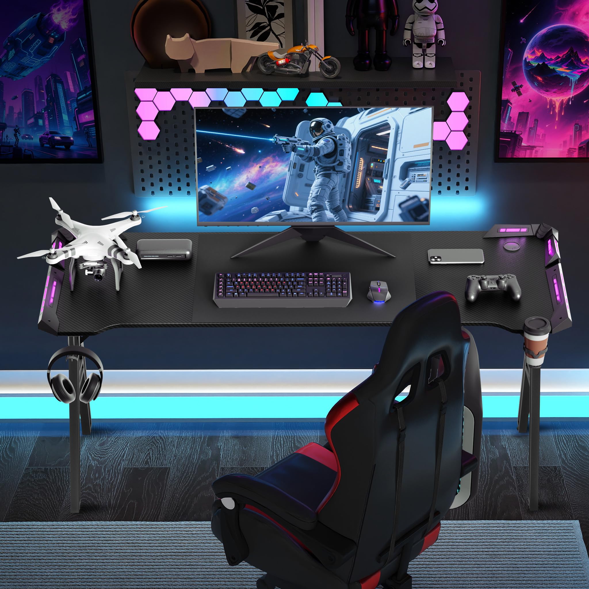 Aufun Scrivania da gioco Bureau Gaming Table Gaming con LED per computer, tavolo da gioco, 120 x 60 cm, stabile scrivania in PC con rivestimento in fibra di carbonio, tavolo da gioco ergonomico