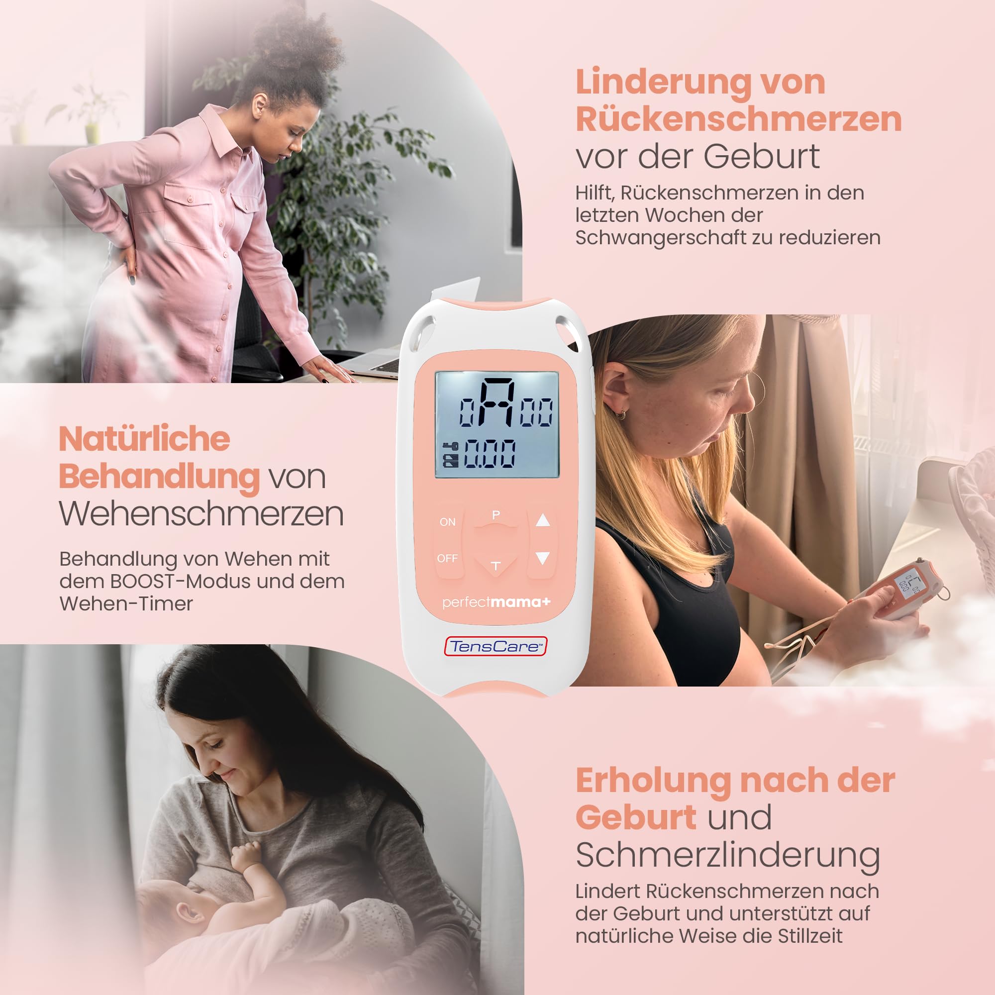 Perfect Mama+ TENS gerät zur Schmerzlinderung während der Geburt, lindern Rückenschmerzen während der Schwangerschaft. Geben Sie Informationen zu Kontraktionszeiten und die Dauer der Wehen.