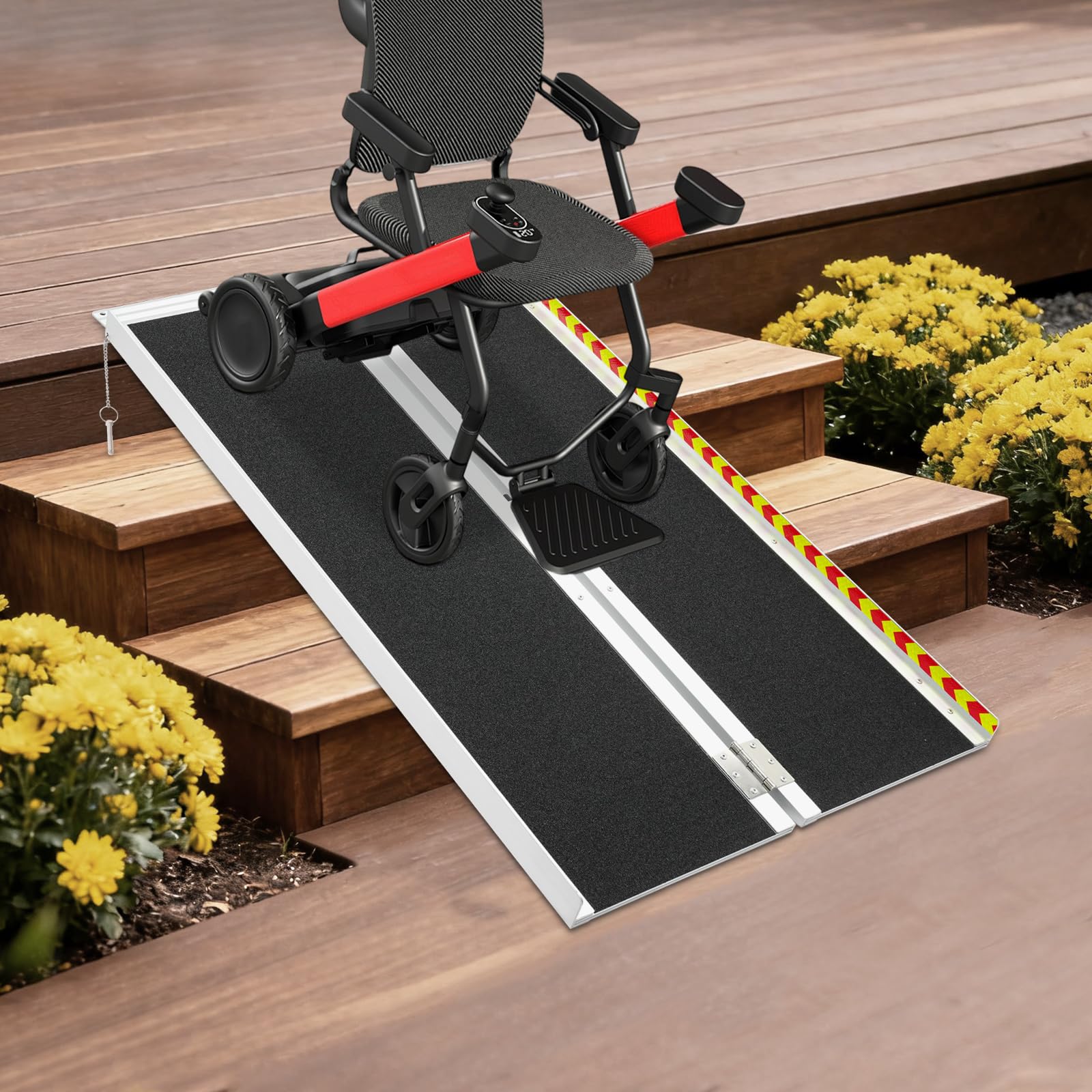 Rampa plegable para silla de ruedas, rampa portátil de aluminio con rieles laterales y carga máxima de 272 kg para escaleras, escaleras, puertas, ruedas de movilidad 72 x 122 cm
