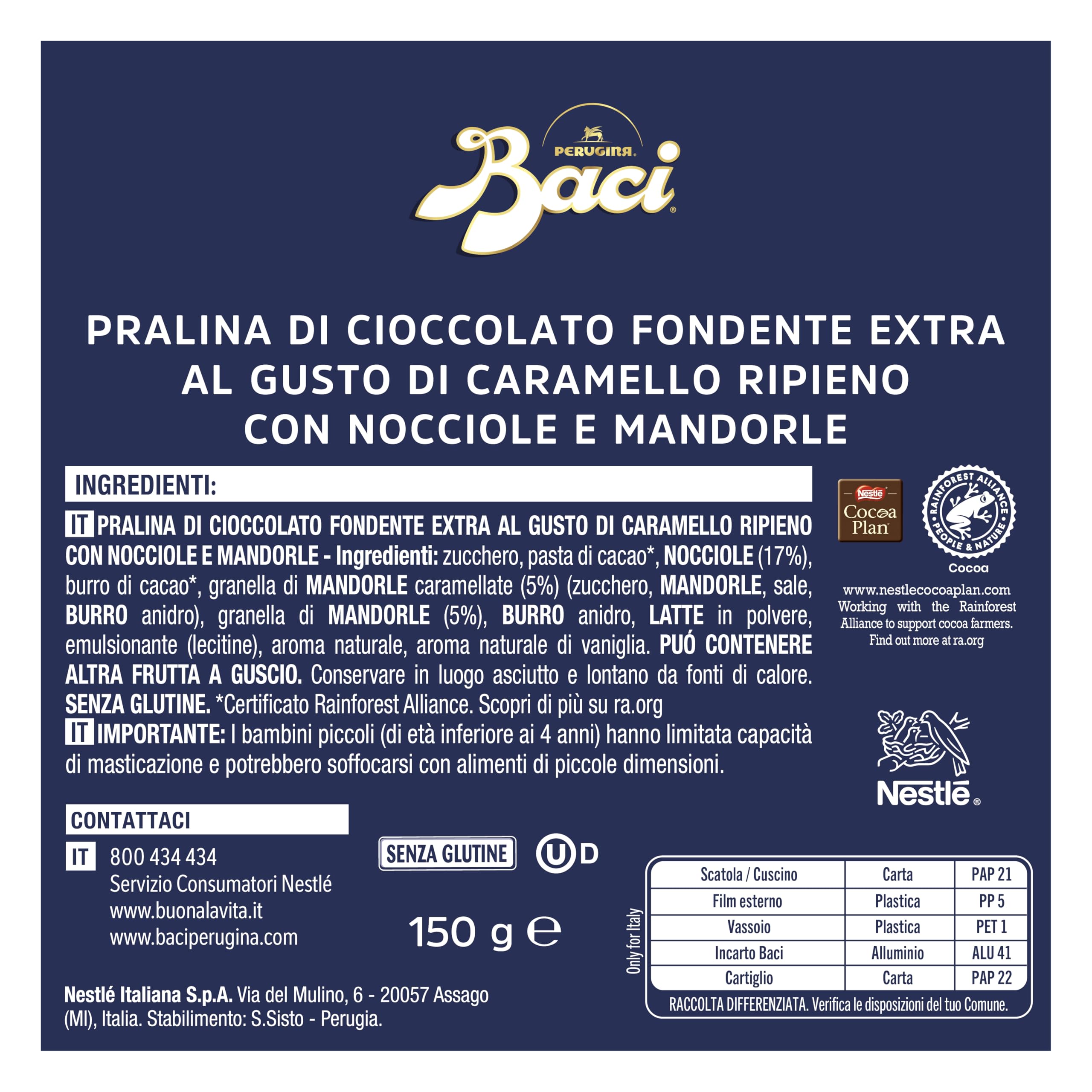 BACI PERUGINA Caramellato alle Mandorle Cioccolatini Fondenti ripieni al Gianduia, Scatola Regalo 150g