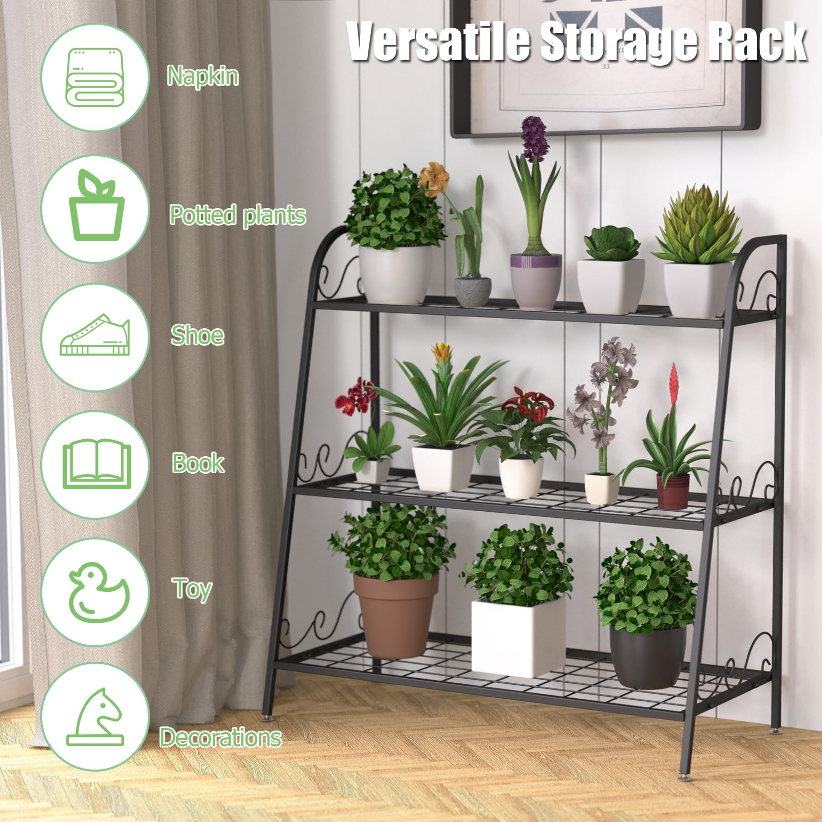 Support pour plantes d'extérieur 3 niveaux en fer noir