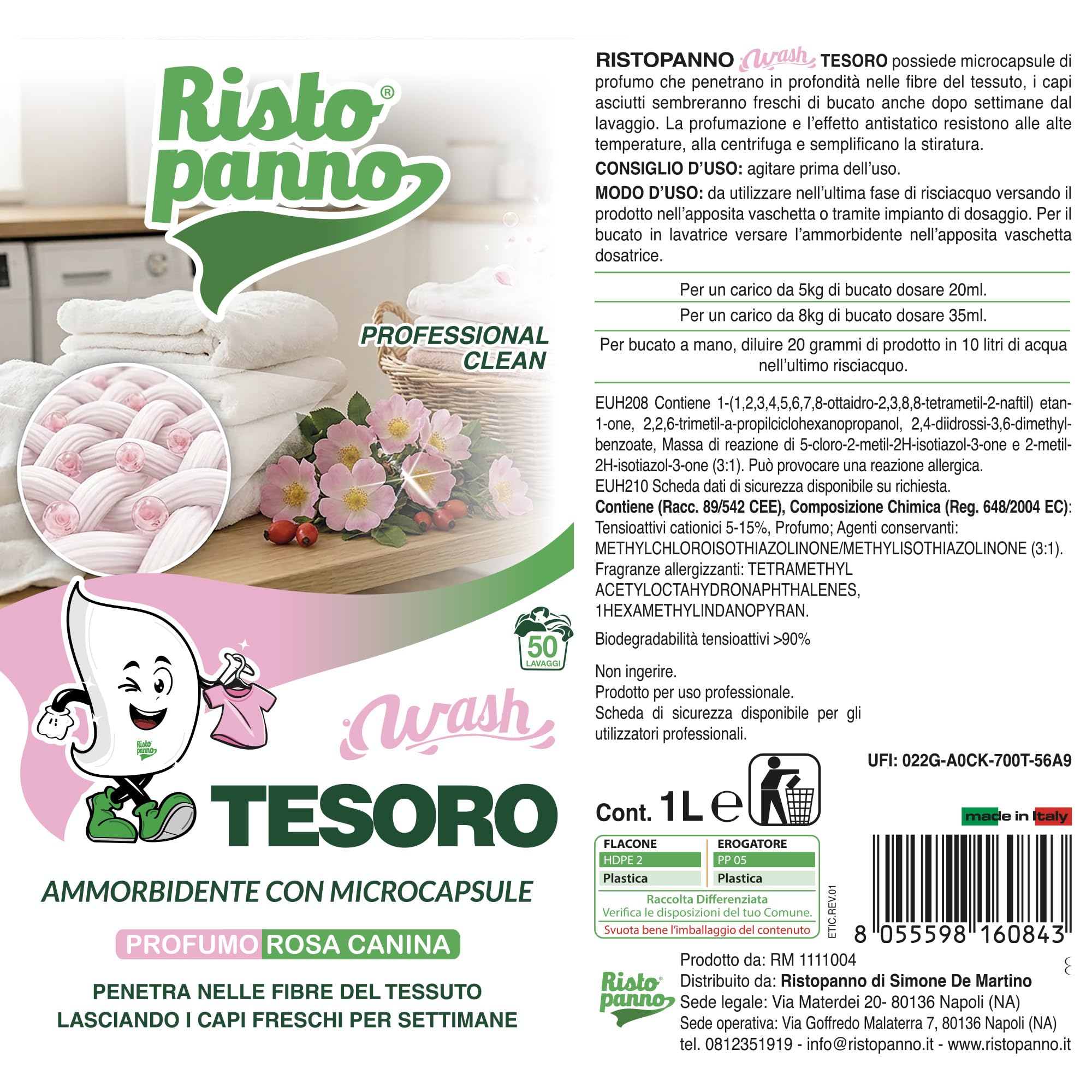 3 PZ x 1L Ammorbidente Lavatrice Concentrato con Microcapsule Profumate - Fragranza Rosa Canina - Azione Antistatica - Profuma Biancheria per Lavatrice e Bucato a Mano (WASH TESORO)