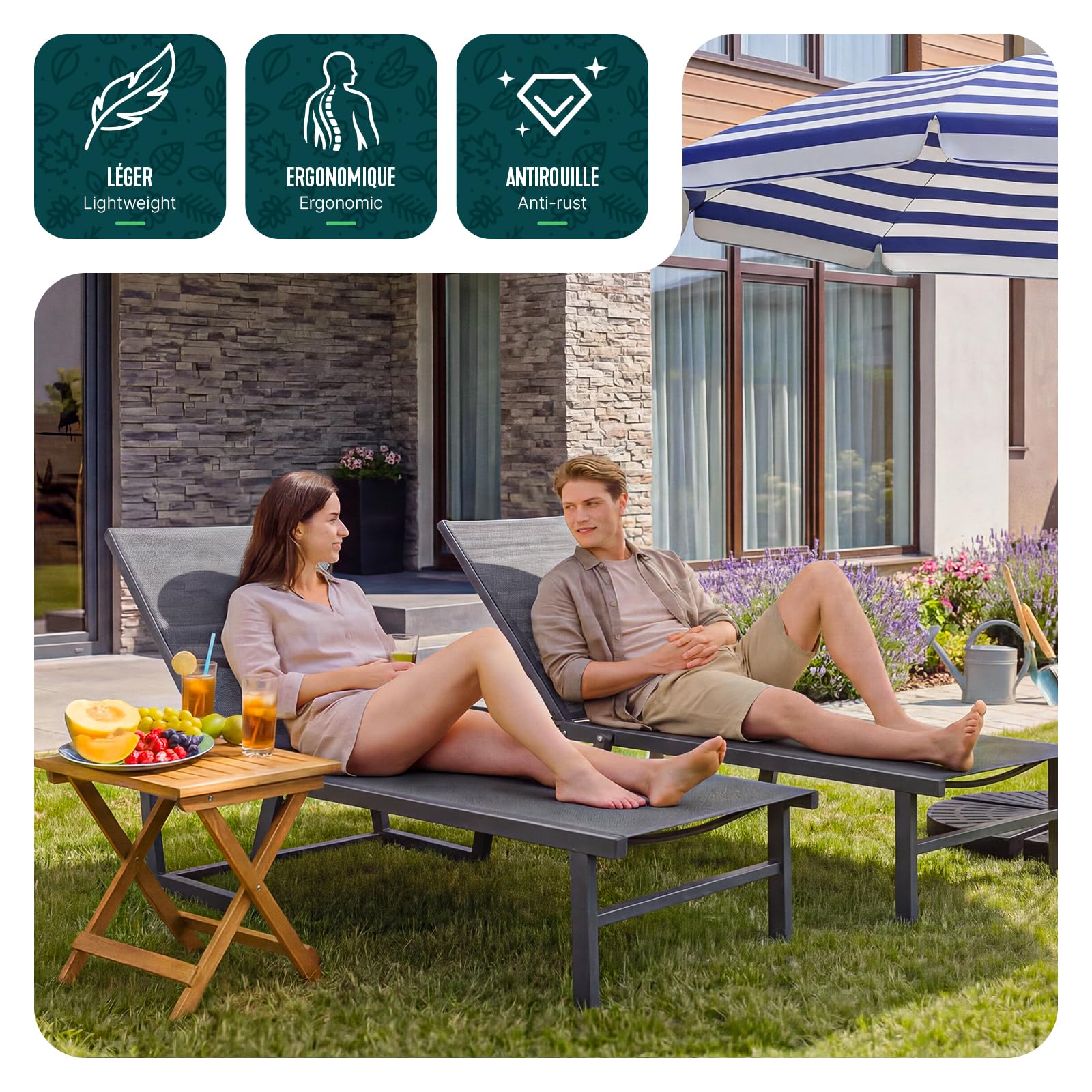 vounot® Lot de 2 Bain de Soleil en Textilène Structure en Aluminium Inclinable Chaise Longue 5 Positions Transat Charge Max 180KG pour Jardin Terrasse Piscine Plage Camping Gris