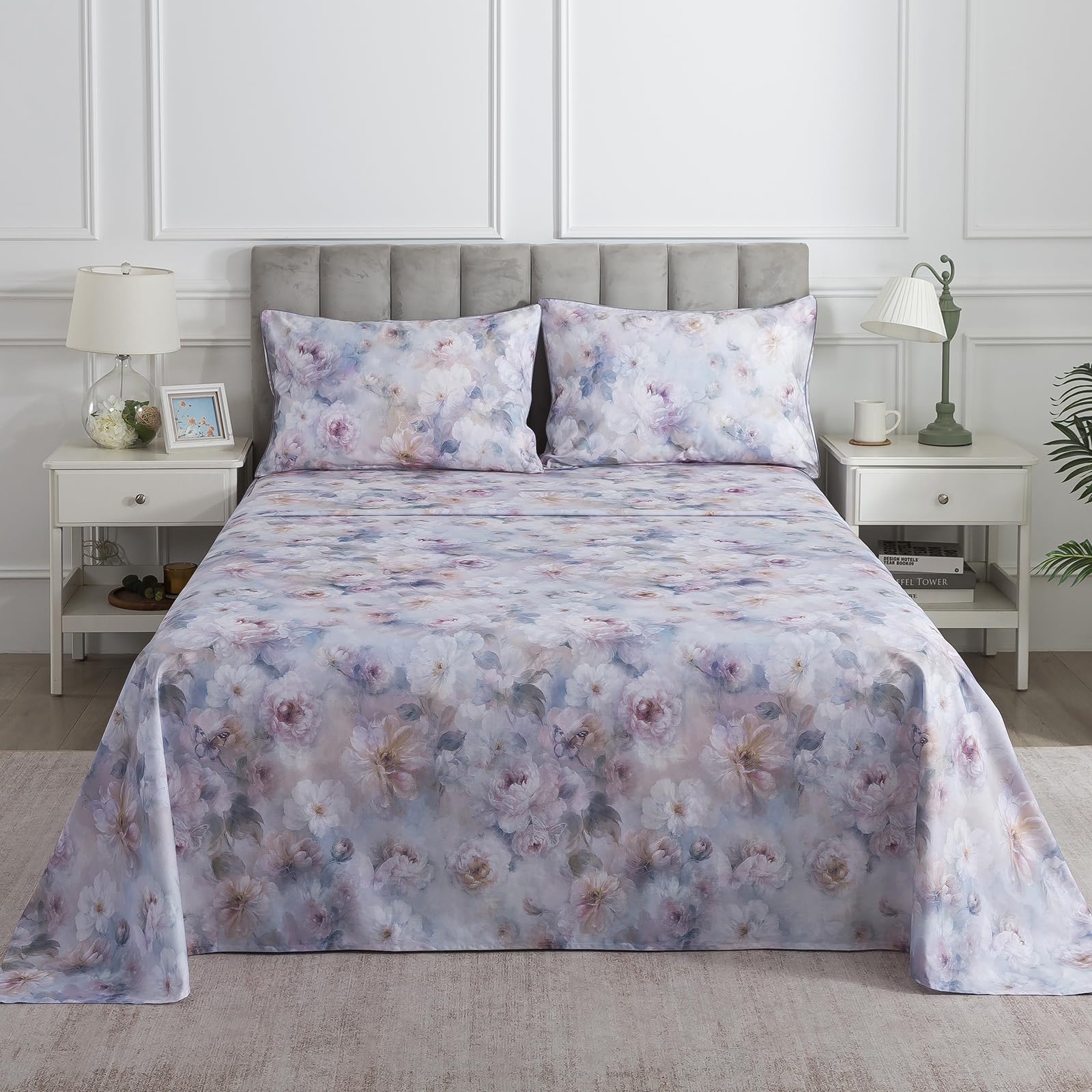 Purple Floral Percale Sheets Queen 100 Cotton Soft Crisp Vintage Flower Bed Sheets Butterfly Patterned Deep Pocket Aesthetic