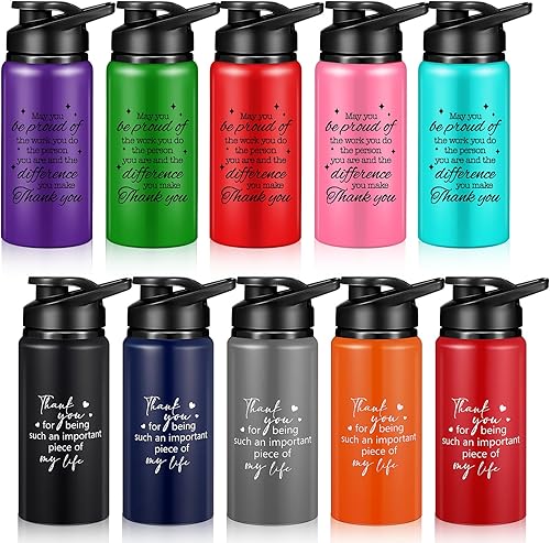 Bokon 10 botellas de agua de aluminio de 17 onzas con texto en inglés "Thank you" a granel, regalos de agradecimiento por equipo de Navidad,