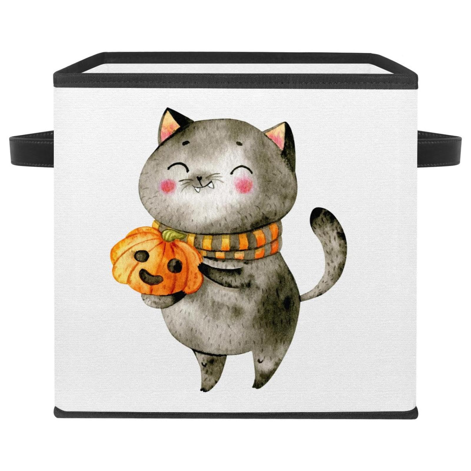 Boîte de rangement pliable en tissu motif citrouille chat