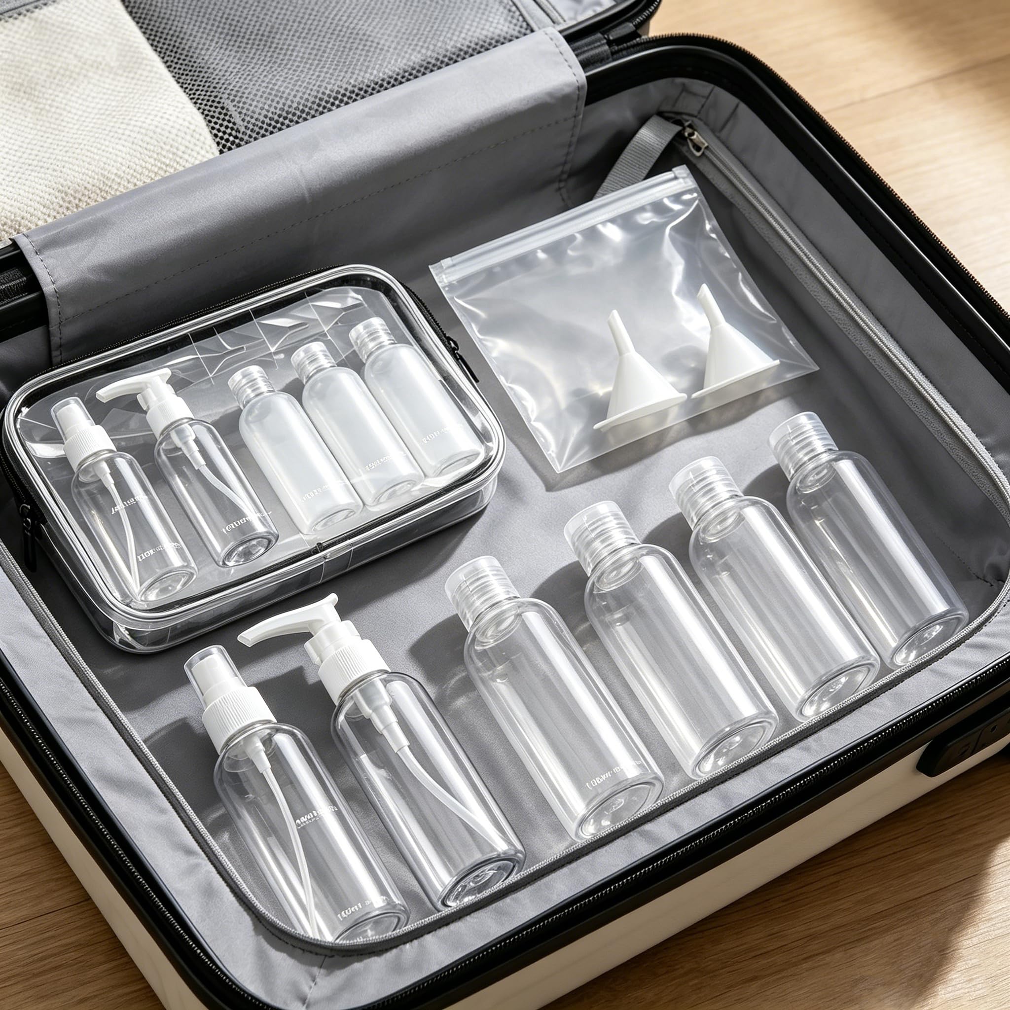 5 Piezas Juego de Neceser de Viaje Transparente, botes viaje rellenables 100ml con bolsa de aseo para líquidos, antifugas, color negro con 3 embudos