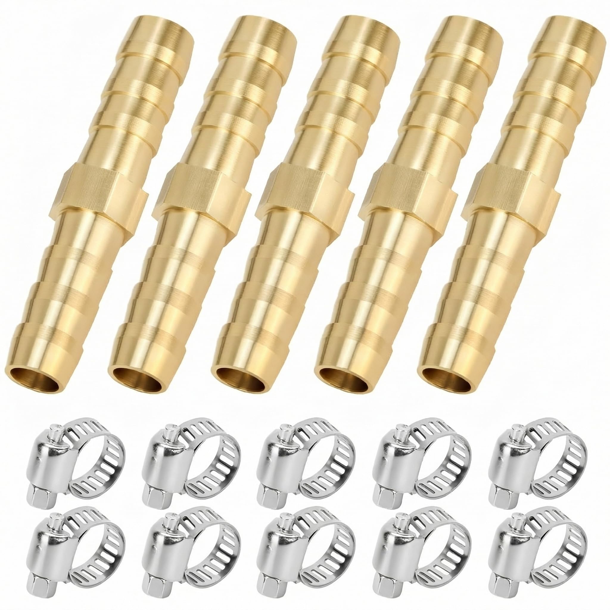 Qwork Gold Qwork® 5 Pcs 6Mm Brass Hose Barb Fitting, With 10 Clamps, 2 Way Straight Pipe Fitting