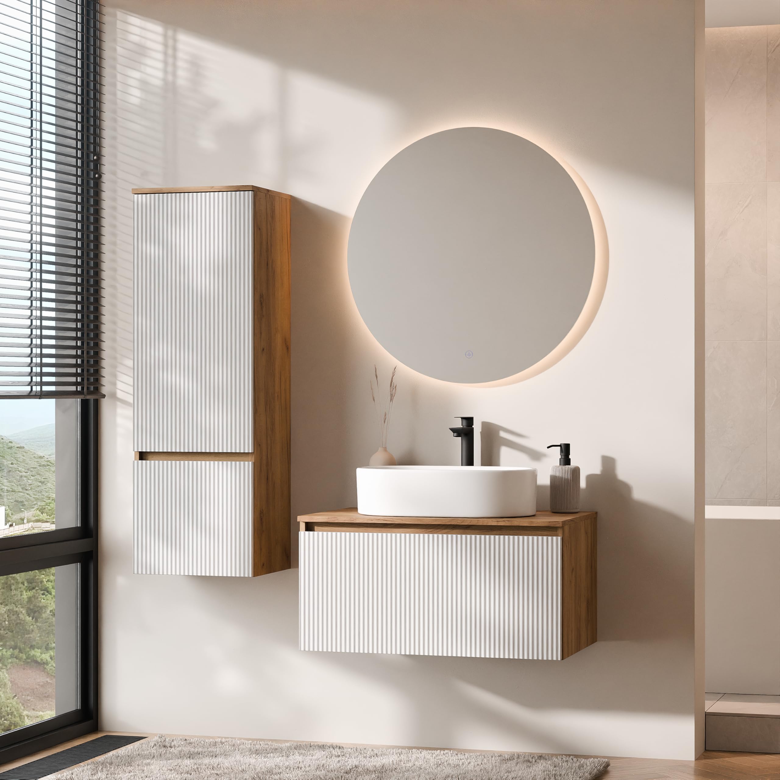 Planetmöbel Arisa - Juego de muebles de baño con armario bajo (80 cm, roble dorado y blanco estriado) con espejo NOVA y armario alto, lavabo de 55 cm, color blanco, incluye sifón para ahorrar espacio