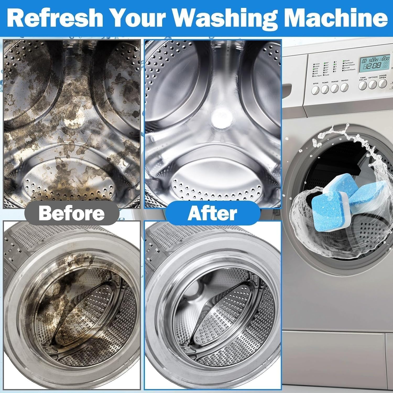 RUJVE 10 Pcs Washing Machine Deep Cleaner Tablet for Washing Machines Front and Top Load Machine Descaling Powder Tablet for Tub Cleaning&Drum Stain Remover of Washing Machine Descaler Powder 2