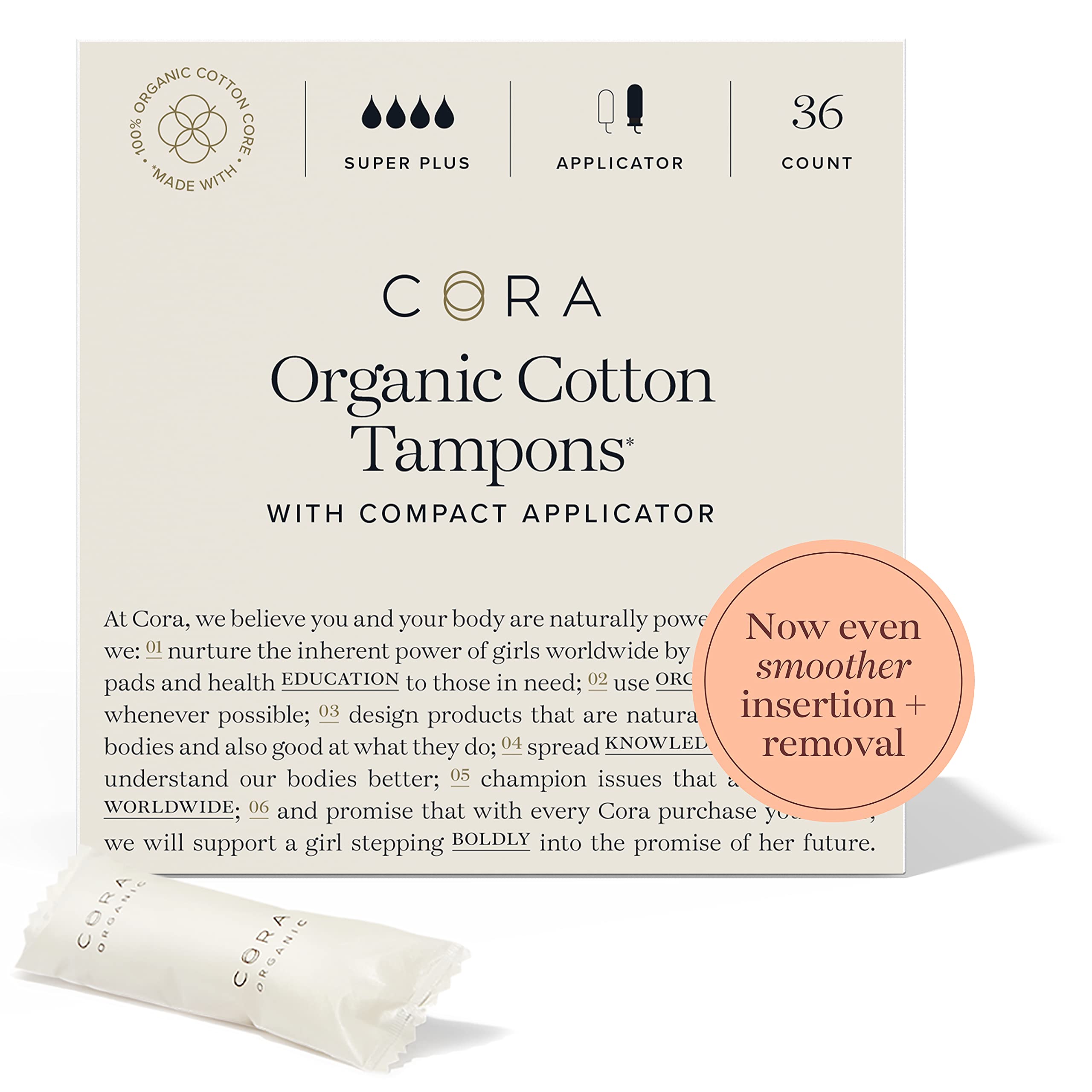 CoraOrganic Applicator Tampons | Super Plus Absorbency | 100% Organic Cotton, Unscented, BPA-Free Compact Applicator | Leak Protection | Packaging May Vary | 36 Total
