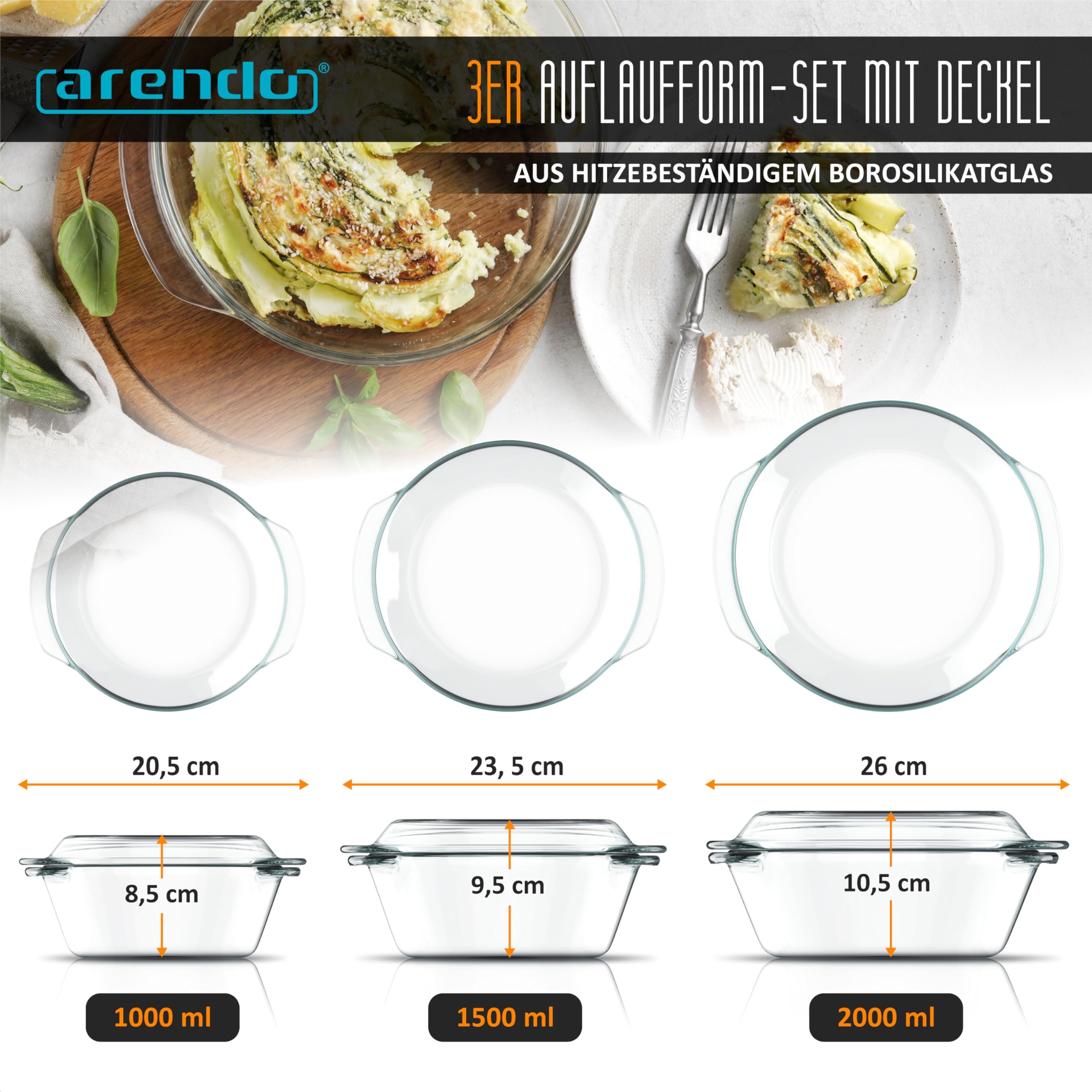 Arendo - Glas Ofenform Auflaufform rund mit Deckel und Griffen – 3er Set – Borosilikatglas – 3 Größen 1000ml 1500ml 2000ml – ofenfest – mikrowellengeeignet – nachhaltig BPA-frei - klein bis groß