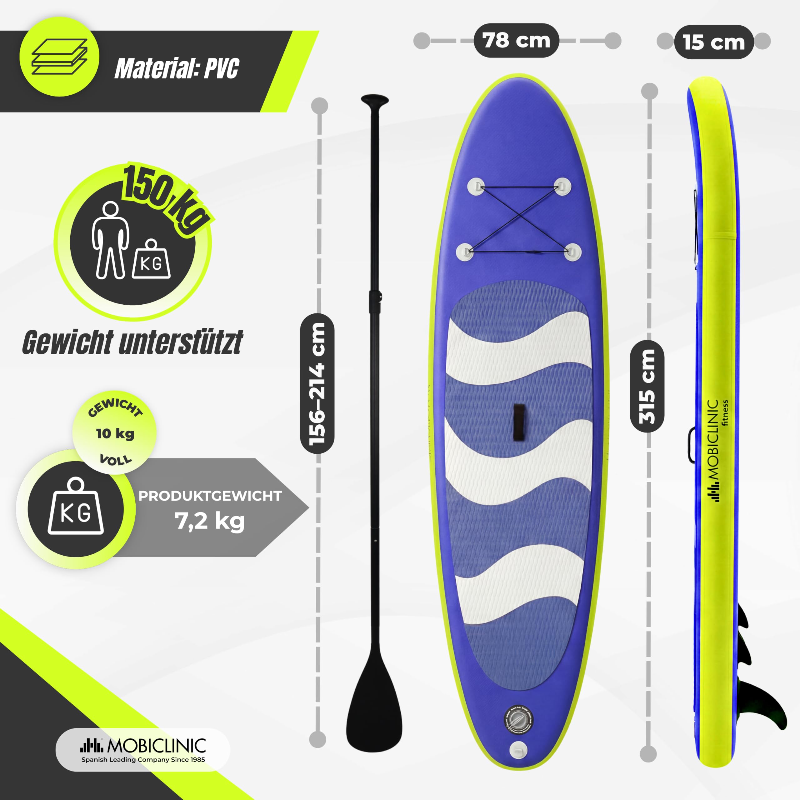 Mobiclinic®, Stand Up Paddling Board, Inklusive Pumpe, Flossen, Rucksack, Paddel, Handyhülle und Reparaturset, 315x78x15 cm, Faltbar, bis 150 kg, Für Kinder, Erwachsene und Haustiere