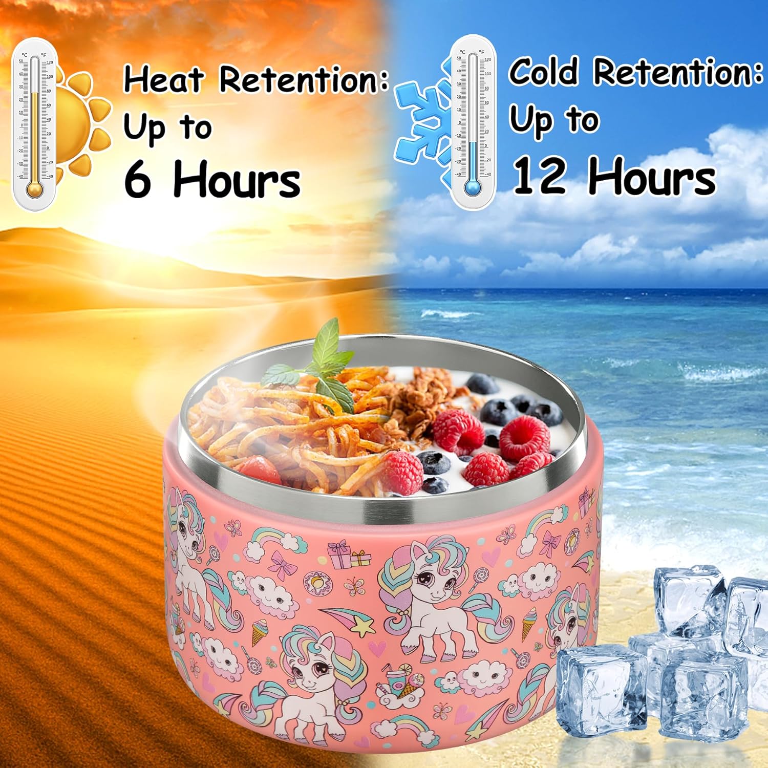 12oz Insulated Vacuum Food Jar with Buckle Lid Wide Mouth Soup Thermo for Hot Food Kids Leakproof Stainless Steel Lunch Container (Pink-Horse) - Image 5