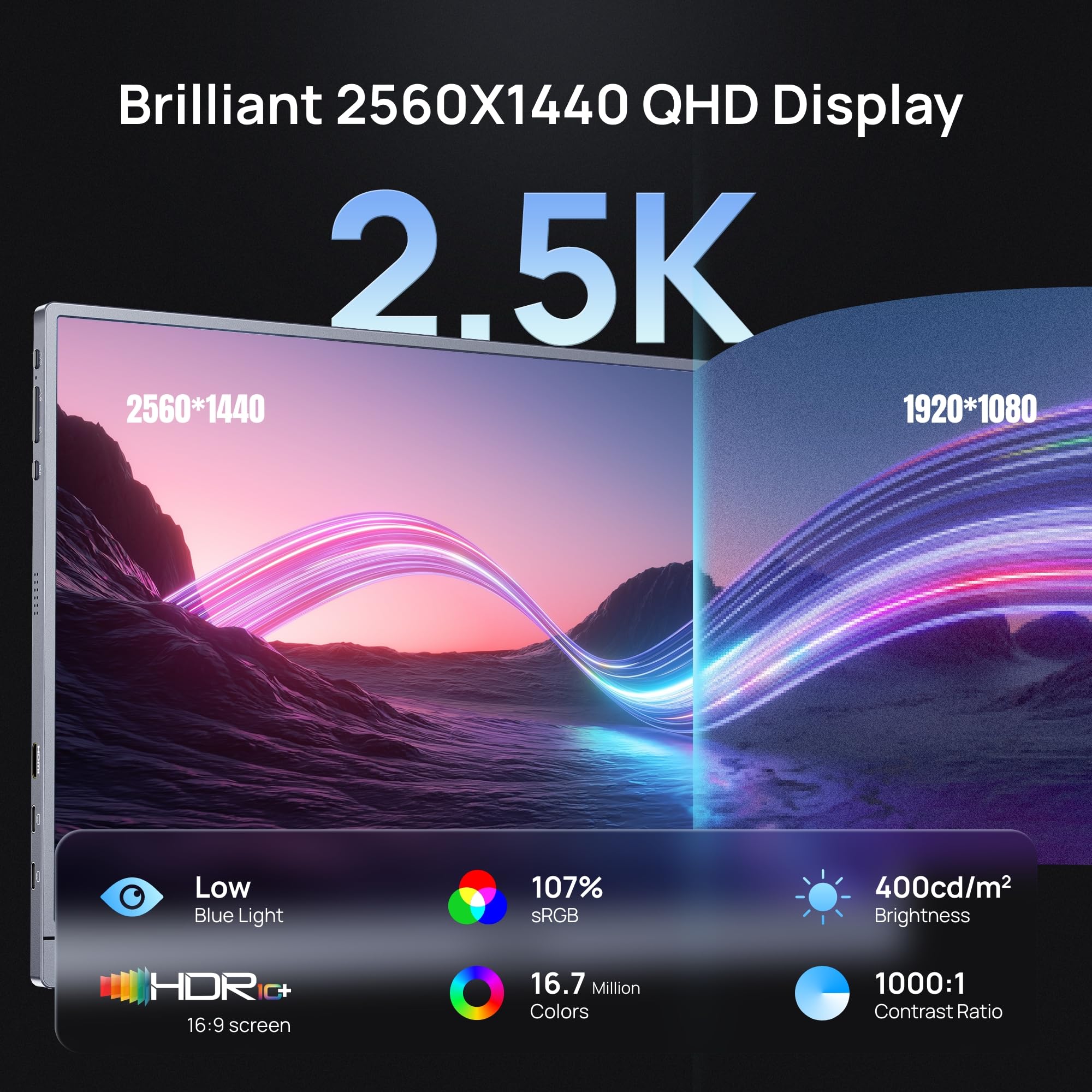 ARZOPA 16.1'' 180Hz 2.5K Portable Monitor, 2560x1440 QHD 107% sRGB Kickstand Portable Gaming Monitor with HDR, Ultra Slim, Eye Care, External Second Screen for Laptop, PC, PS5, Mac, Xbox - Z3FC — view 2