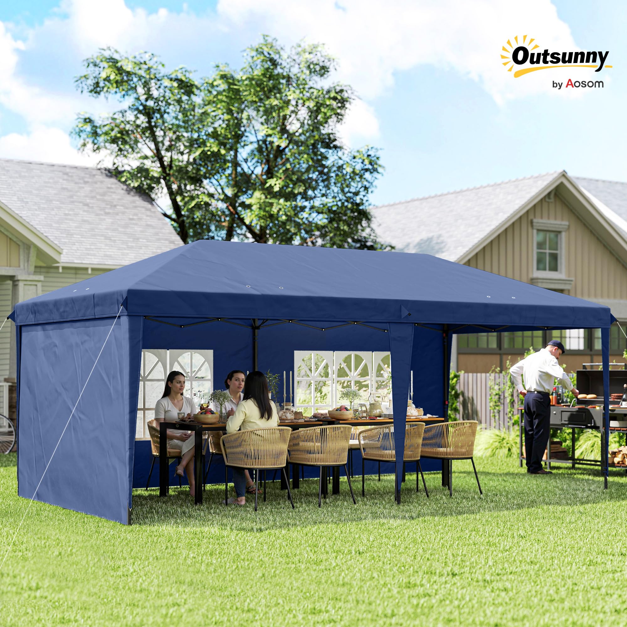 Outsunny Carpa Plegable 6x3 m, Pop-up, con 4 Laterales Desmontables, Cenador de Jardín con 2 Ventanas Visibles, Bolsa de Transporte, Impermeable, Anti-UV, Gazebo para Camping, Fiestas, Exterior, Azul