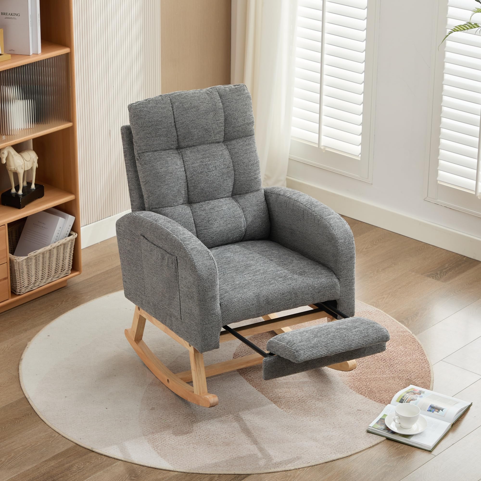 ModernLuxe Rocking Chair, Lounge Armchair,Adjustable Footrest, High Backrest,Side Pockets, Solid Wooden Legs Nursing Chair for Living Room & Bedroom, Grey — image 1