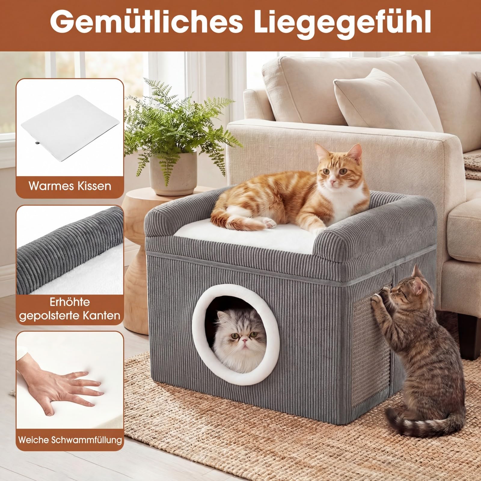 COSTWAY Katzenhaus faltbar, Katzenhöhle mit Sisal-Kratzmatte, weiches Kissen, erhöhten Kanten & Rutschfester Boden, Katzenbett für 2 Katzen, Indoor, bis 15 kg, Cordstoff, 49 x 41 x 39 cm (Grau)